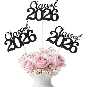 Black Class of 2026 Graduation Table Centerpieces, 12 Pcs Grad Party Decorations with Sticks, Graduation 2026 Party Supplies for Table Décor