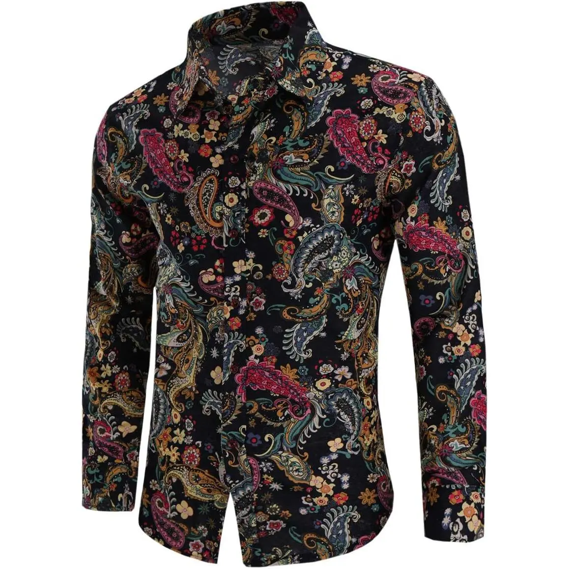 QZH.DUAO Mens 70s Disco Linen Shirts Casual Paisley Tops Floral Vintage Long Sleeve Shirt