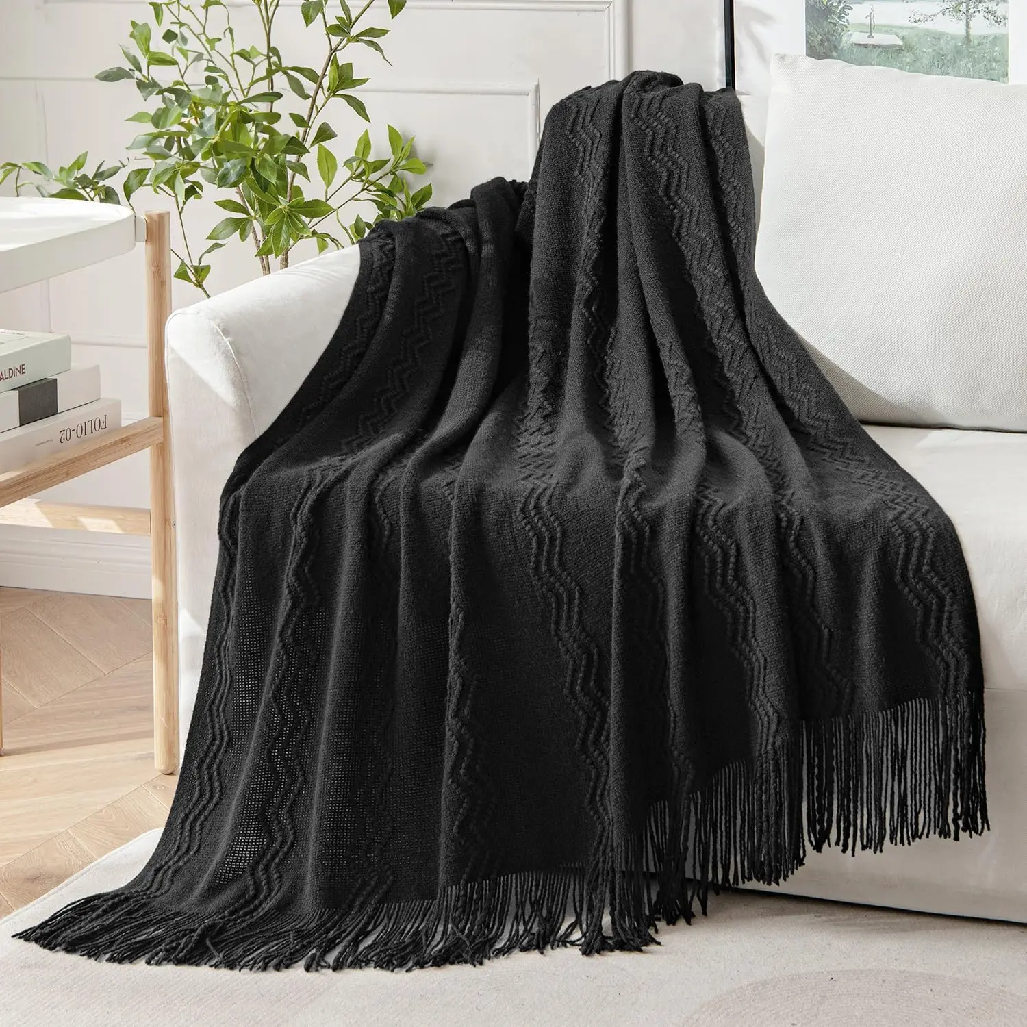 Black Knitted Throw Blanket for Couch Textured Knit Blanket with Tassels Cozy Woven Boho Bed Blanket for Sofa Bed Chair  Wave  50"x60"