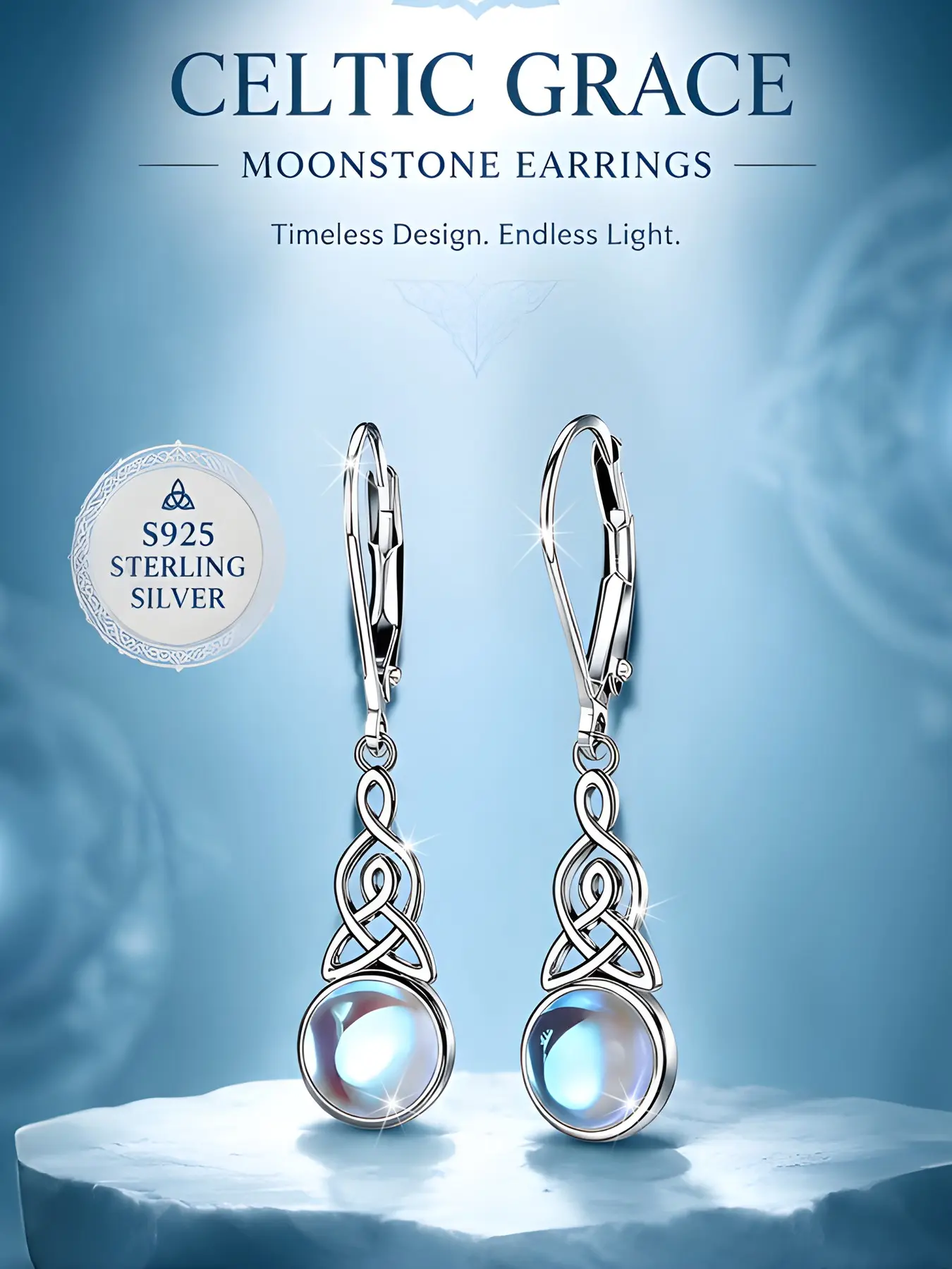 Elegant S925 Silver Celtic Knot Moonstone Dangle Earrings, Hypoallergenic Fashion Jewelry, Perfect for Daily Wear, Birthday, Valentine's Day Gift