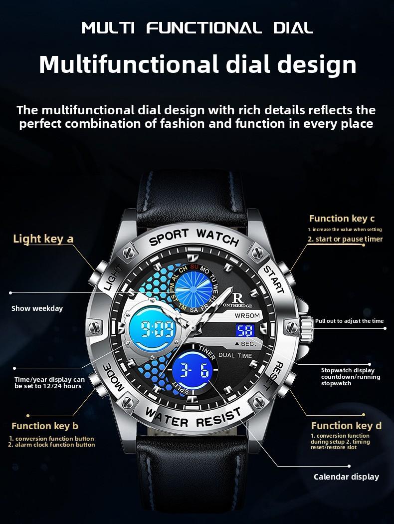 Men's Military Sport Digital Analog Quartz Watch - 50M Waterproof Wristwatch with LED Backlight, Dual Time, Alarm, Stopwatch, Tactical Outdoor Watch for Men, Brown Leather Strap, Perfect Gift for Him