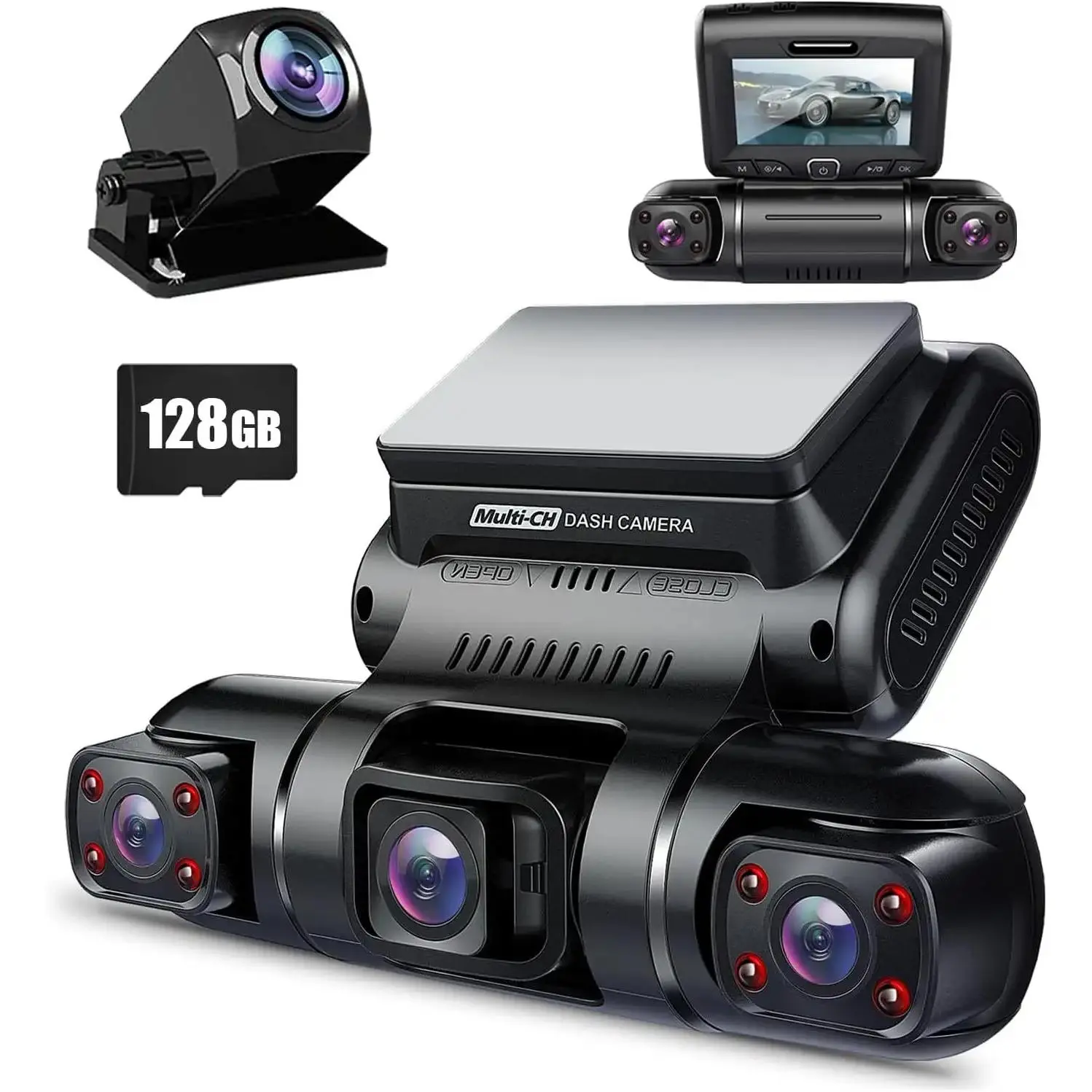 PRUVEEO 360-Degree View 4-Channel Automotive Driving Recorder - Front, Rear, Left, Right & Inside Lenses, Built-in GPS WiFi Night Vision, 24/7 Parking Mode, Free 128G Card, Car-Mounted HD Video Surveillance Kit