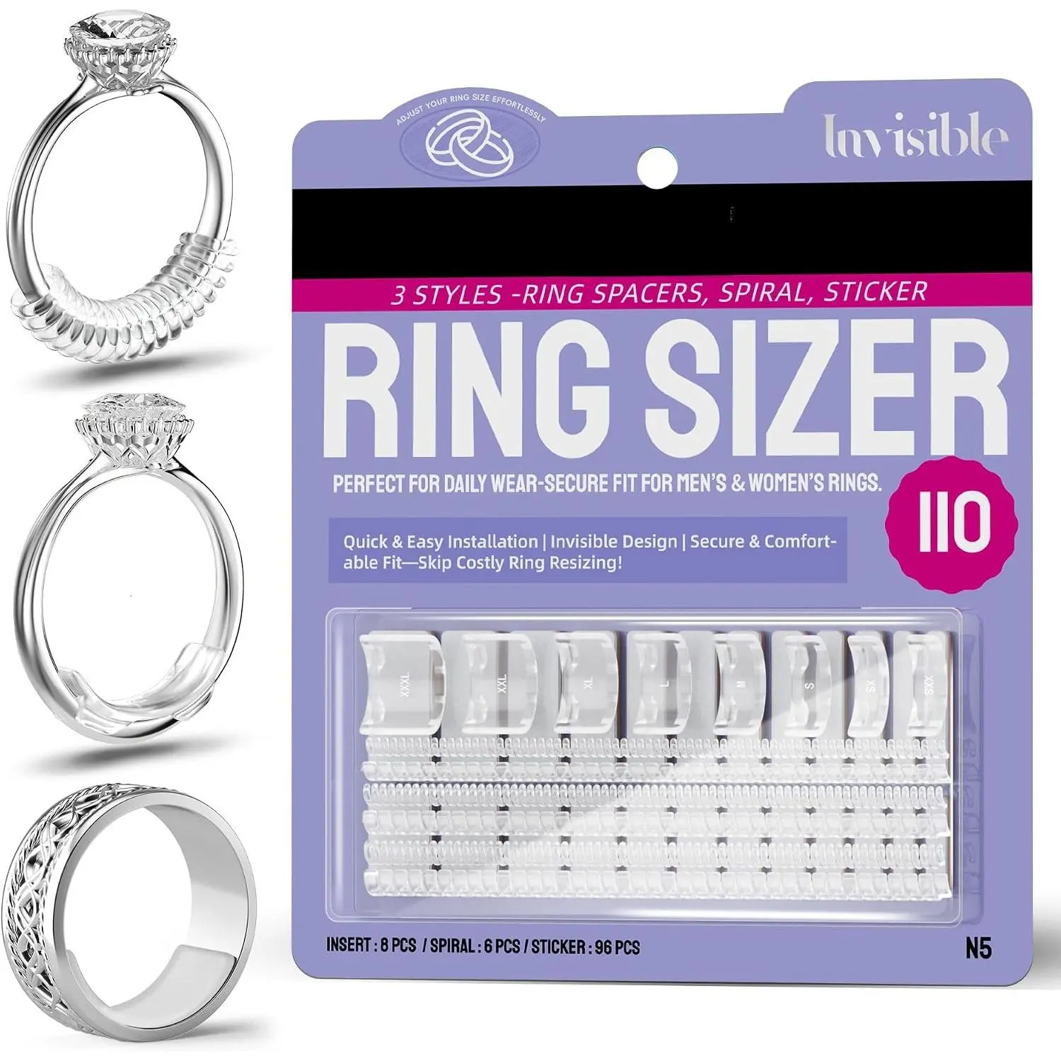 Ring Sizer Adjuster for Loose Rings, 110- Set with 3 Types (Spiral Coils, Ring Guards, Sizing Strips) Fits Ring Widths 1-10mm, Invisible Resizing Solution for Women & Men