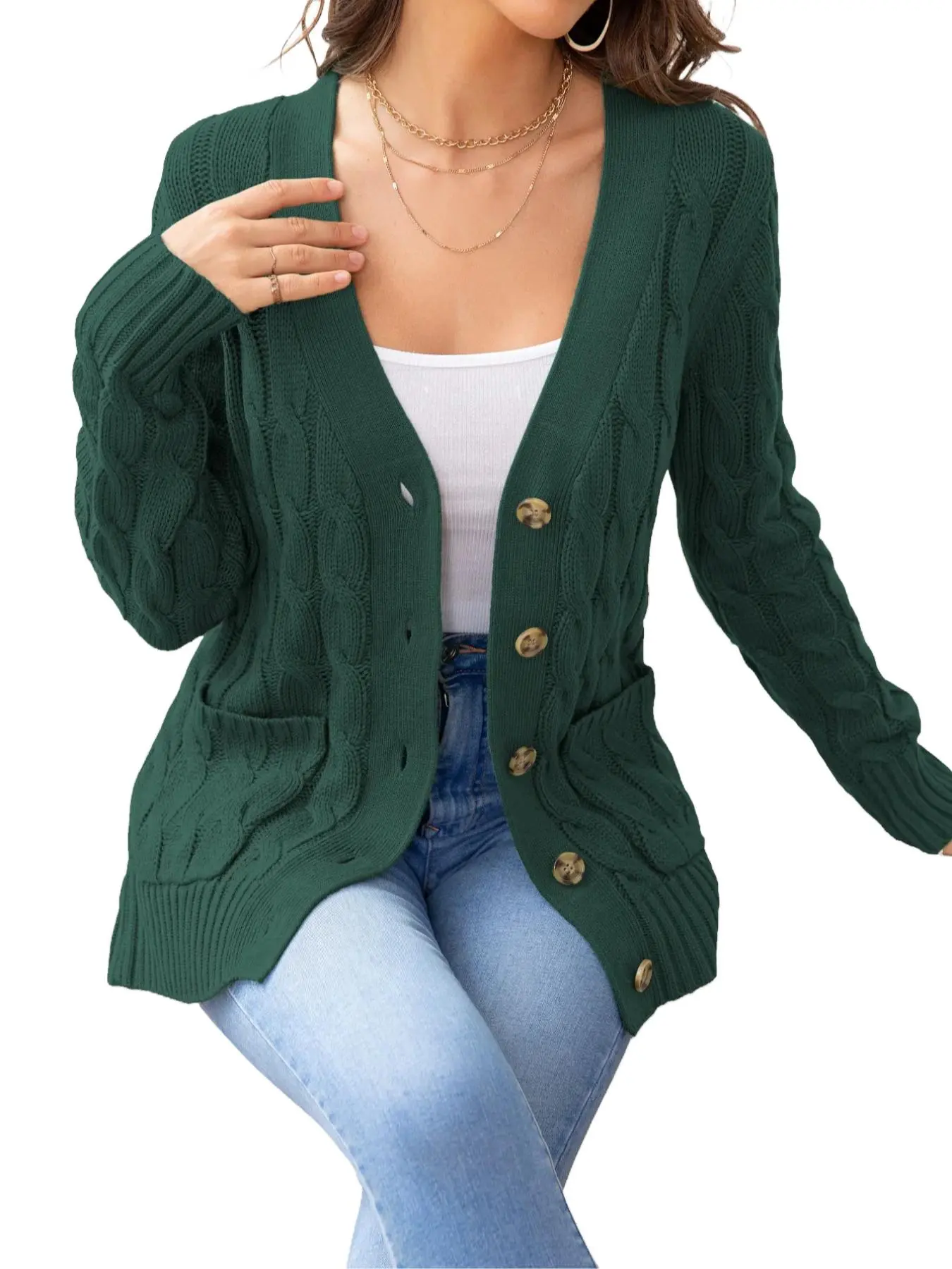Women's Plain Textured Button Front Pocket Fitted Cardigan, Casual Minimalist Long Sleeve V Neck Knitwear Fabric for Fall & Winter,  Cardigan for Women, Fashion Ladies' Knit Clothing for Daily Wear, Womenswear