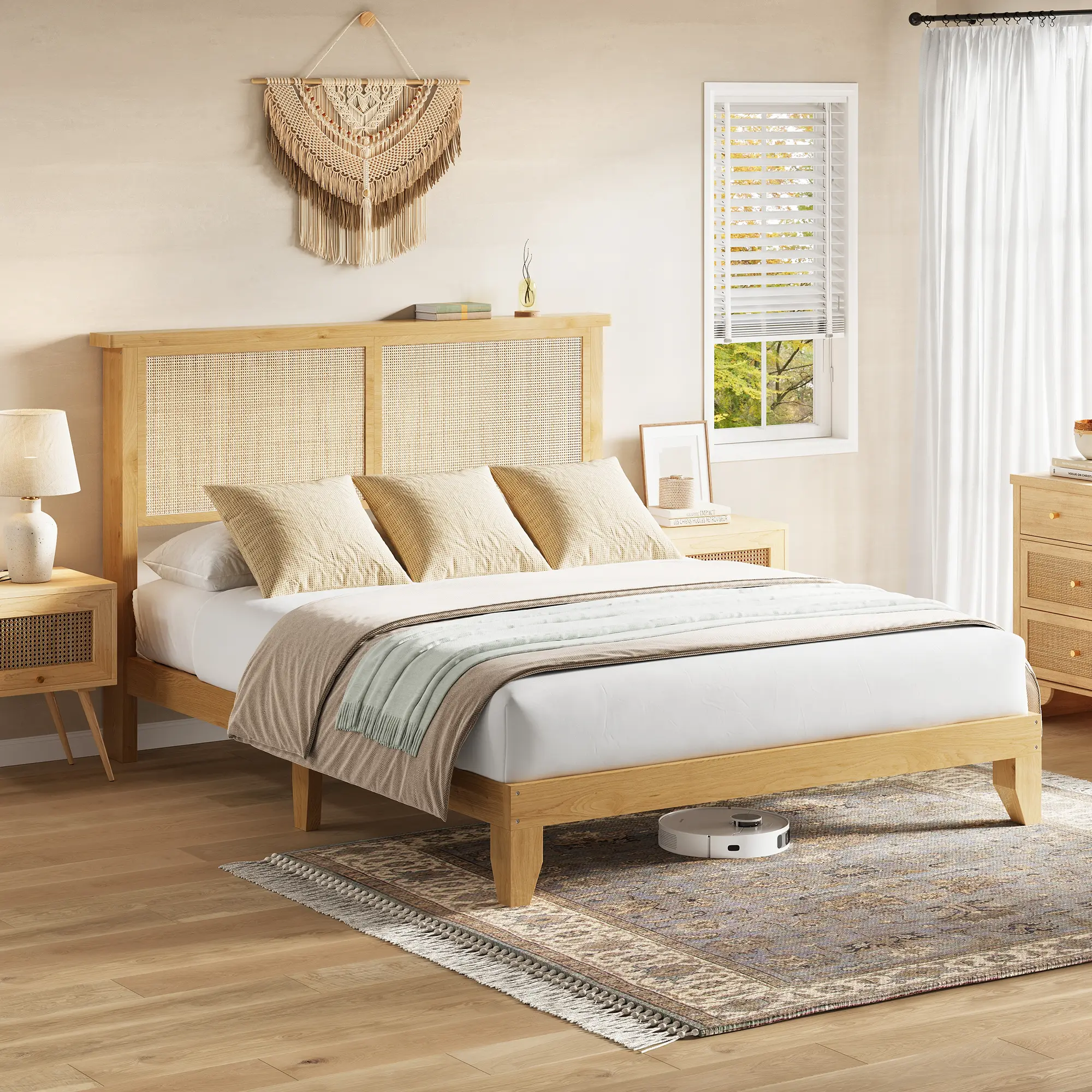 King Boho Rattan Bed Frame with LED Lights, Wood Platform Bed with Headboard Storage & Noise-Free Slats, No Box Spring Needed, Sturdy