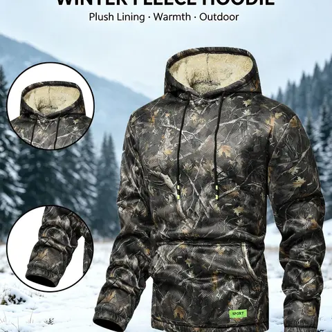 Men's Camo Fleece-Lined Pullover Hoodie, Warm Tree and Leaf Print Sweatshirt with Kangaroo Pocket for Fall & Winter