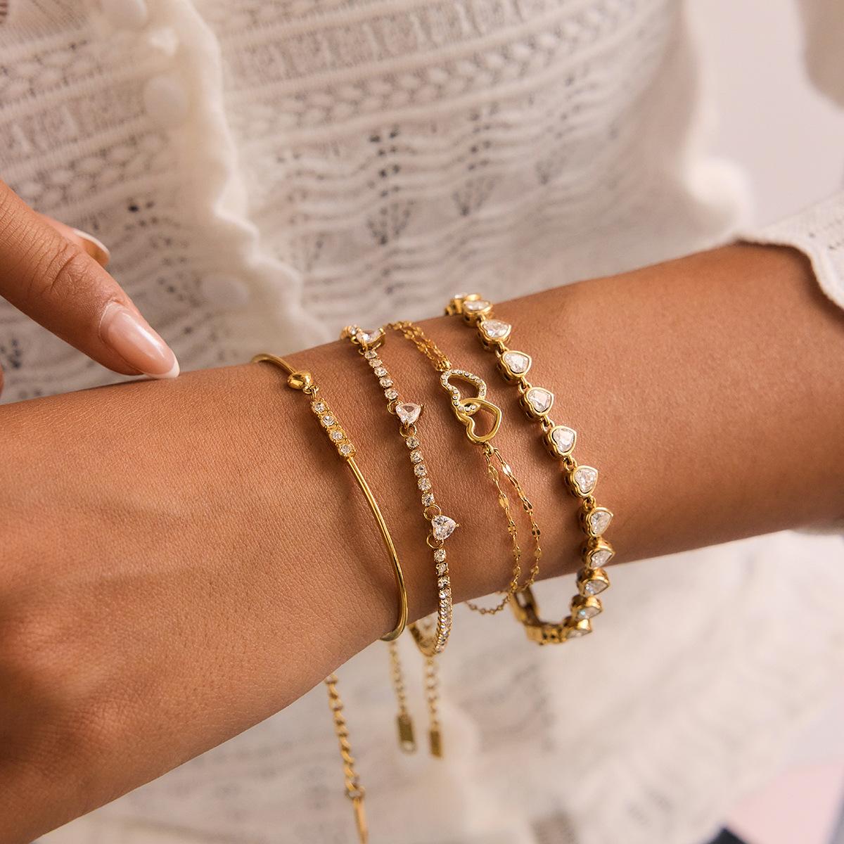 18K Gold Stainless Steel Hollow Heart Double Ring Bracelet  Anti-Fade Women Jewelry  Trendy Accessory