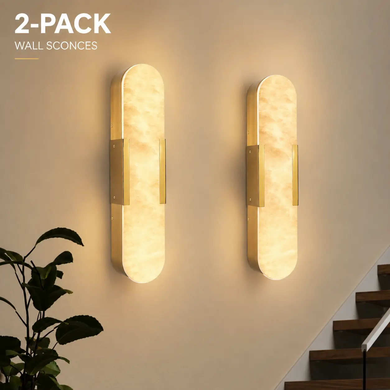 Set of 2 Luxury Gold Marble Wall Sconces, Modern Natural Stone Wall Light Fixtures with Elegant Design for Bathroom, Bedroom, Living Room, Hallway & Vanity Decor