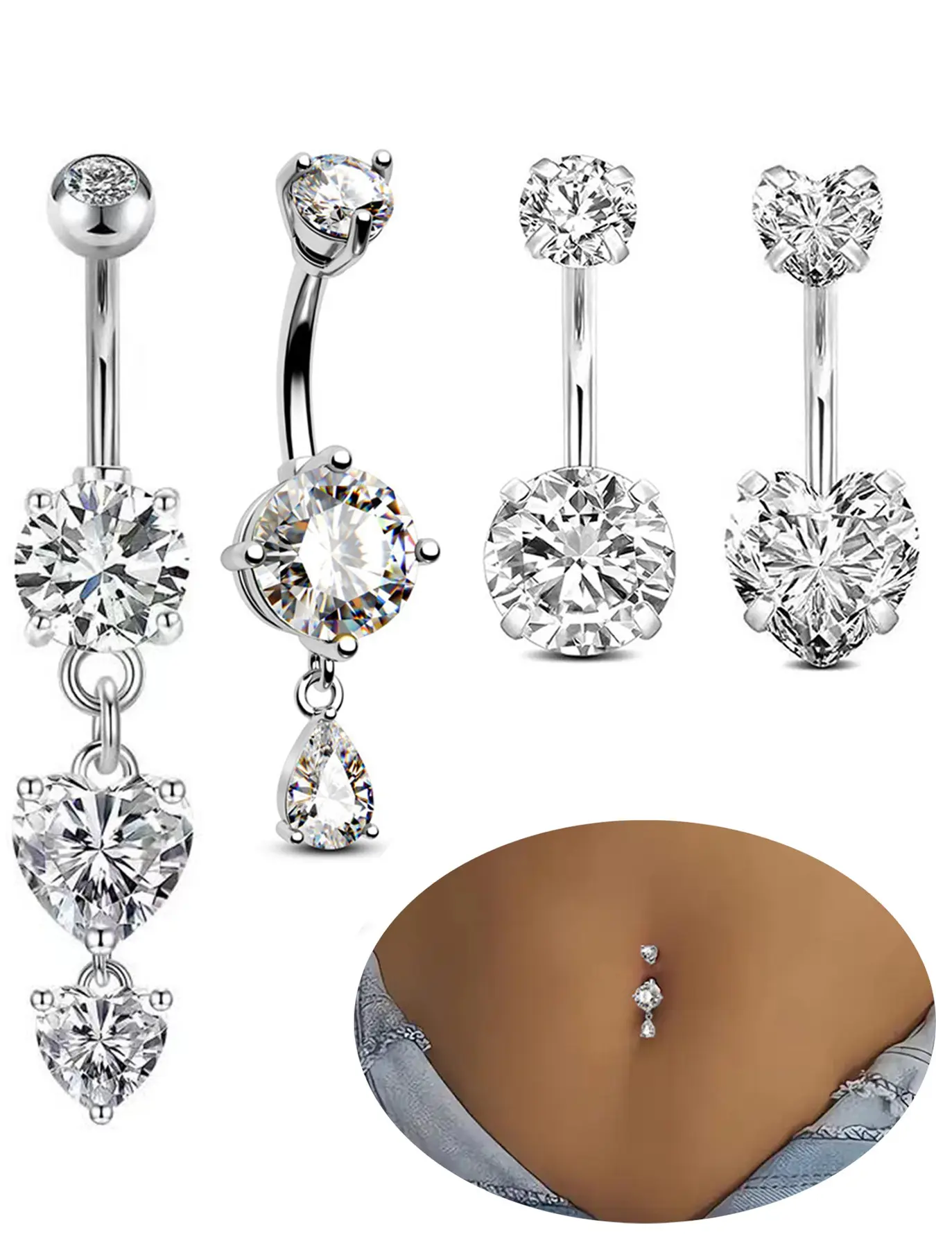 4Pcs Medical Stainless Steel Belly Button Rings Set, Heart Teardrop CZ Long & Short Dangle Navel Piercing Jewelry For Girls Body Piercing Jewelry Bellybar