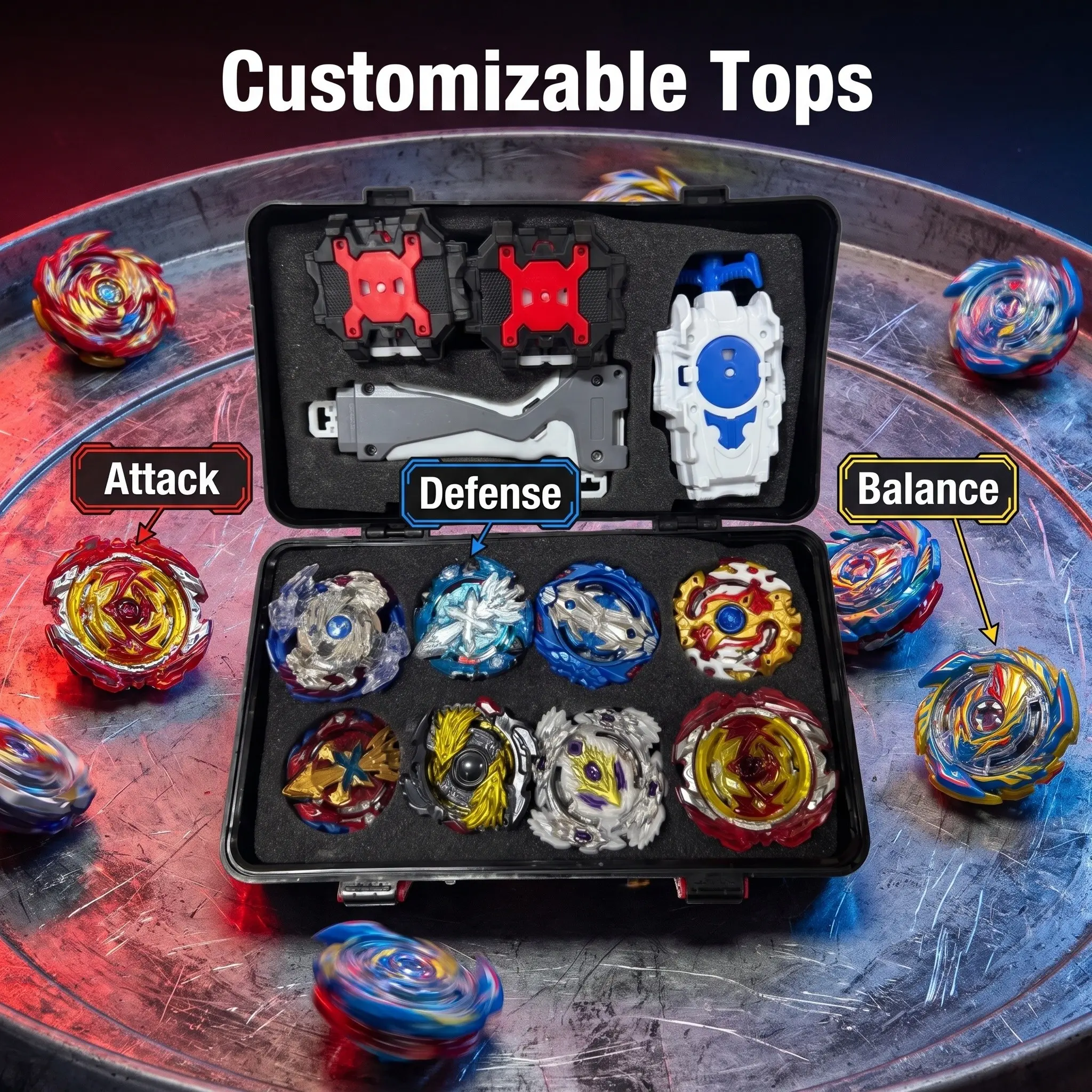 Complete Beyblade Storage Tool Box Set, Blue Color Options, Includes 8 Beyblades Spinning Top + Launcher, Kids Battle Toy Kit