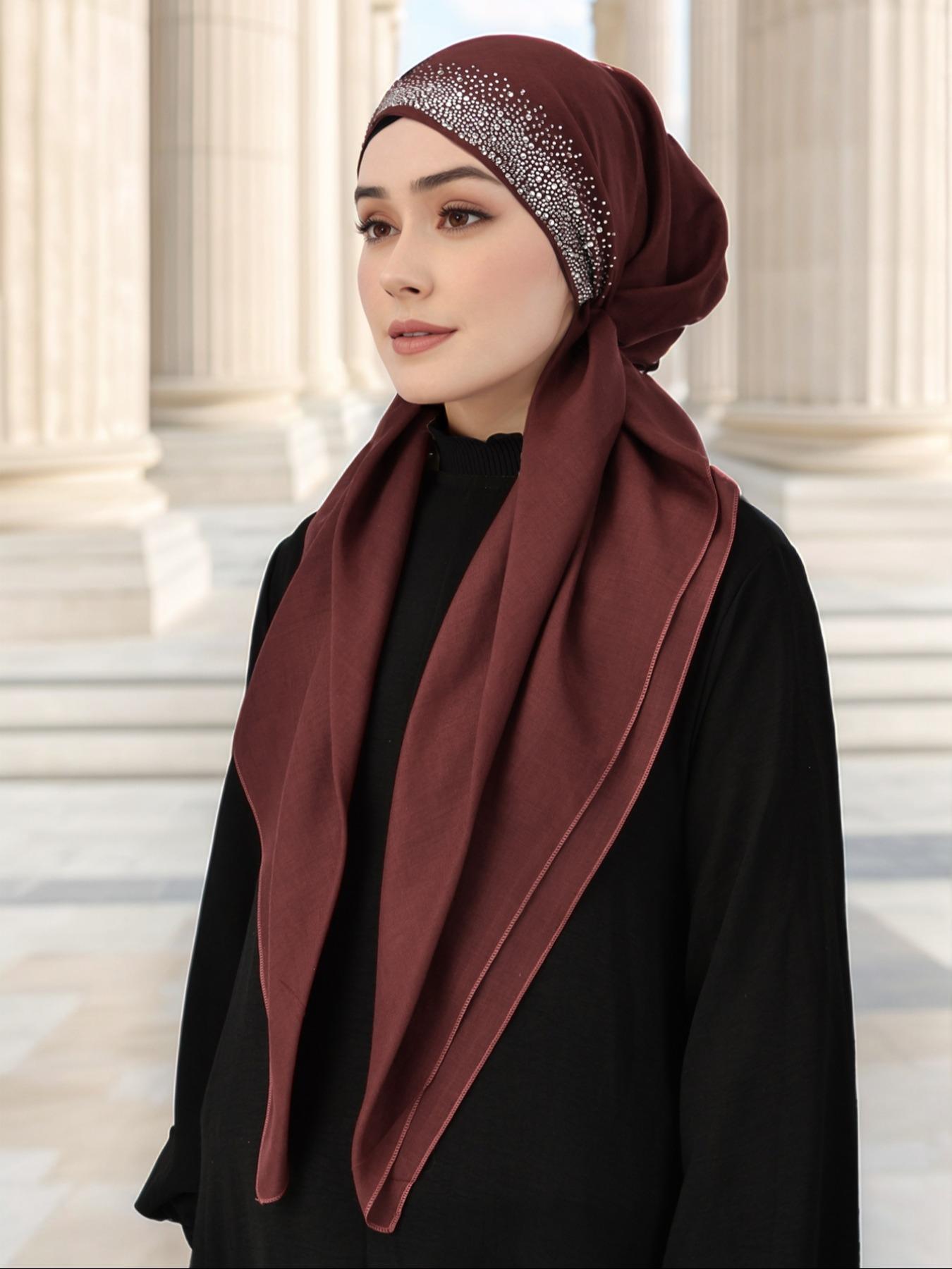 Women's Solid Color Rhinestone Decor Instant Hijab, Modest Fashion Breathable Hijab for Daily Wear, Women's Islamic Accessory for All Seasons, Turban Style Hijab Women's Solid Color Rhinestone Decor Instant Hijab, Modest Fashion Breathable Hijab for Daily Wear, Women's Islamic Accessory for All Seasons, Turban Style Hijab