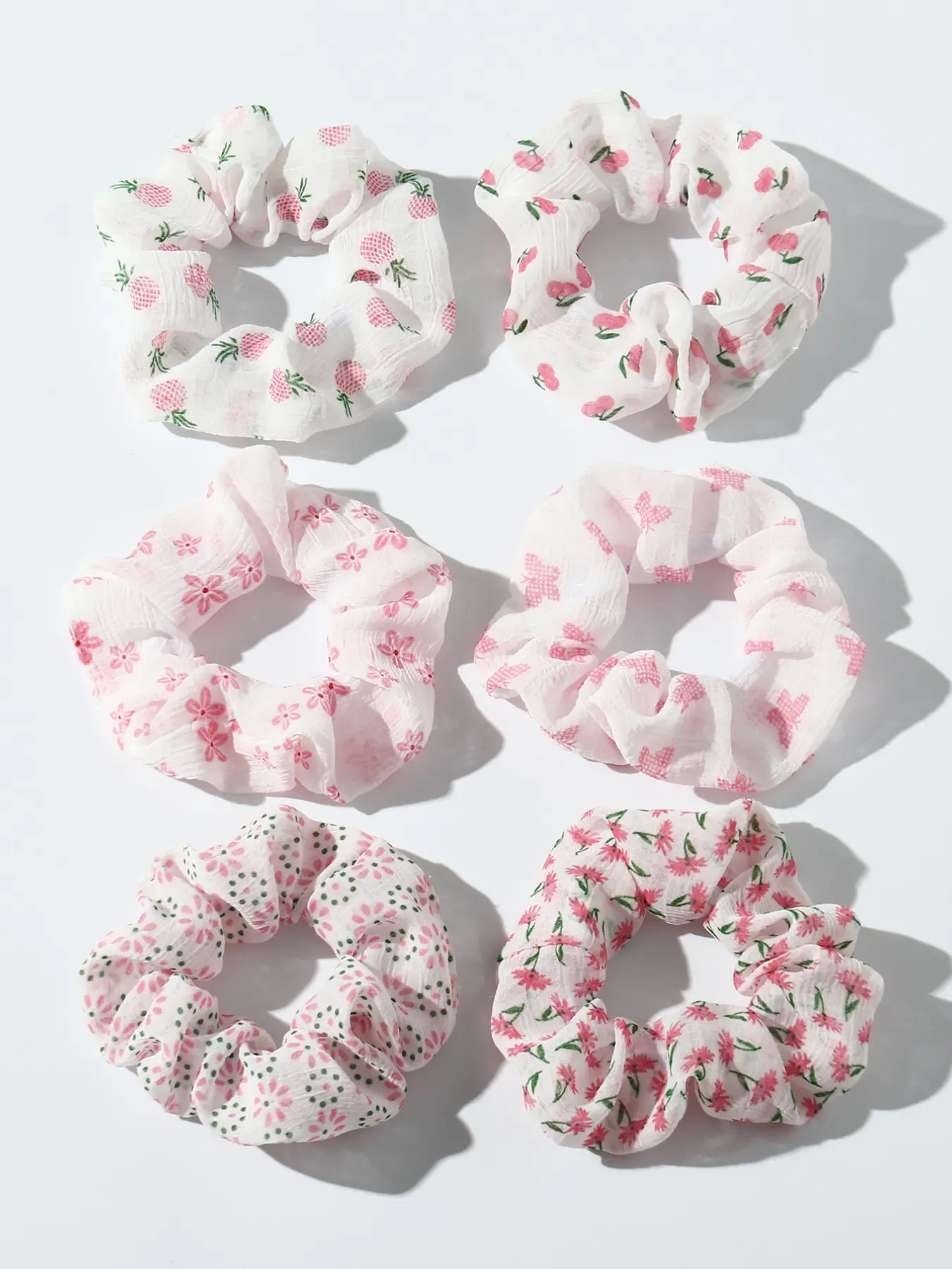 Cherry Blossom Fruit Print Scrunchies Set, 6-Piece Women's Hair Ties, Casual Ditsy Floral Design, All-Season Headbands