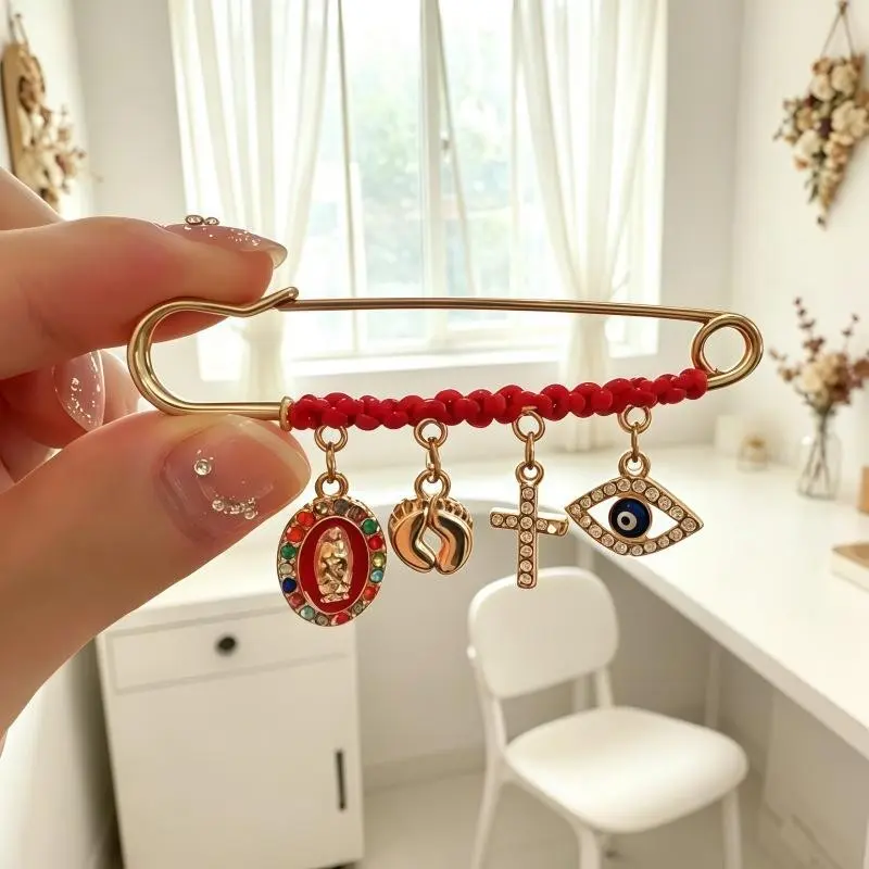 September Protection Pin, Pregnant Women and Baby Religious Amulet, Safe Safety Pin Brooch, Virgin Mary, Cross, Evil Eye Pendant Pin
