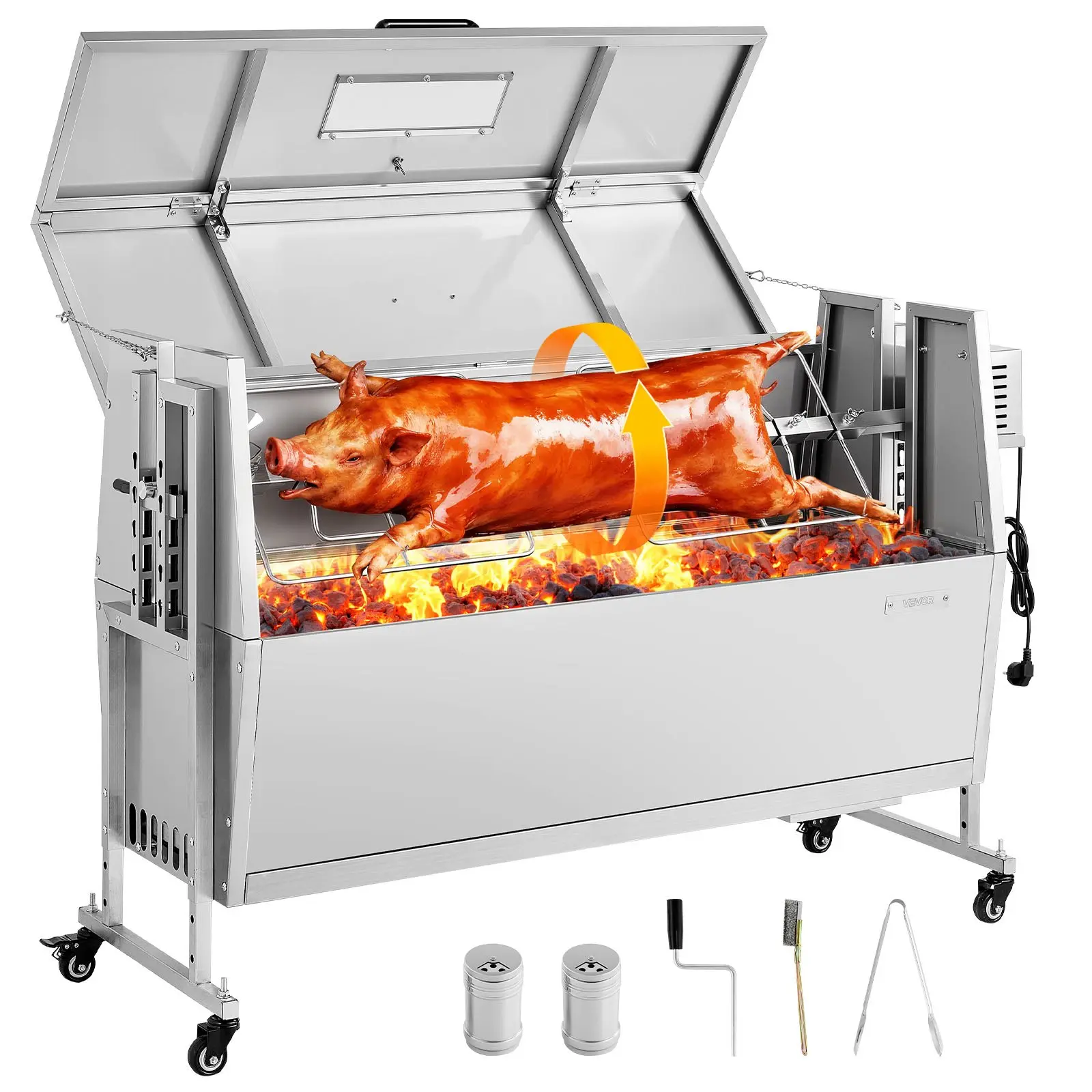 【DealsForYouDays】VEVOR Rotisserie Grill, 38W BBQ Outdoor Pig Lamb Spit Roaster, Charcoal Spit Roaster with 132 LBS Capacity, Wheels 4-Level Height, Stainless Steel Rotisserie Grill Kit for Camping Outdoor Parties