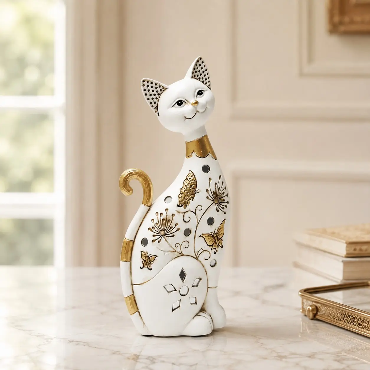 1pc White Patterned Cat Figurine, Elegant Resin Cat Statue with Floral Butterfly Design , Tabletop Home Decor for Living Room, Bedroom, Office, Shelf, Gift for Cat Lovers.