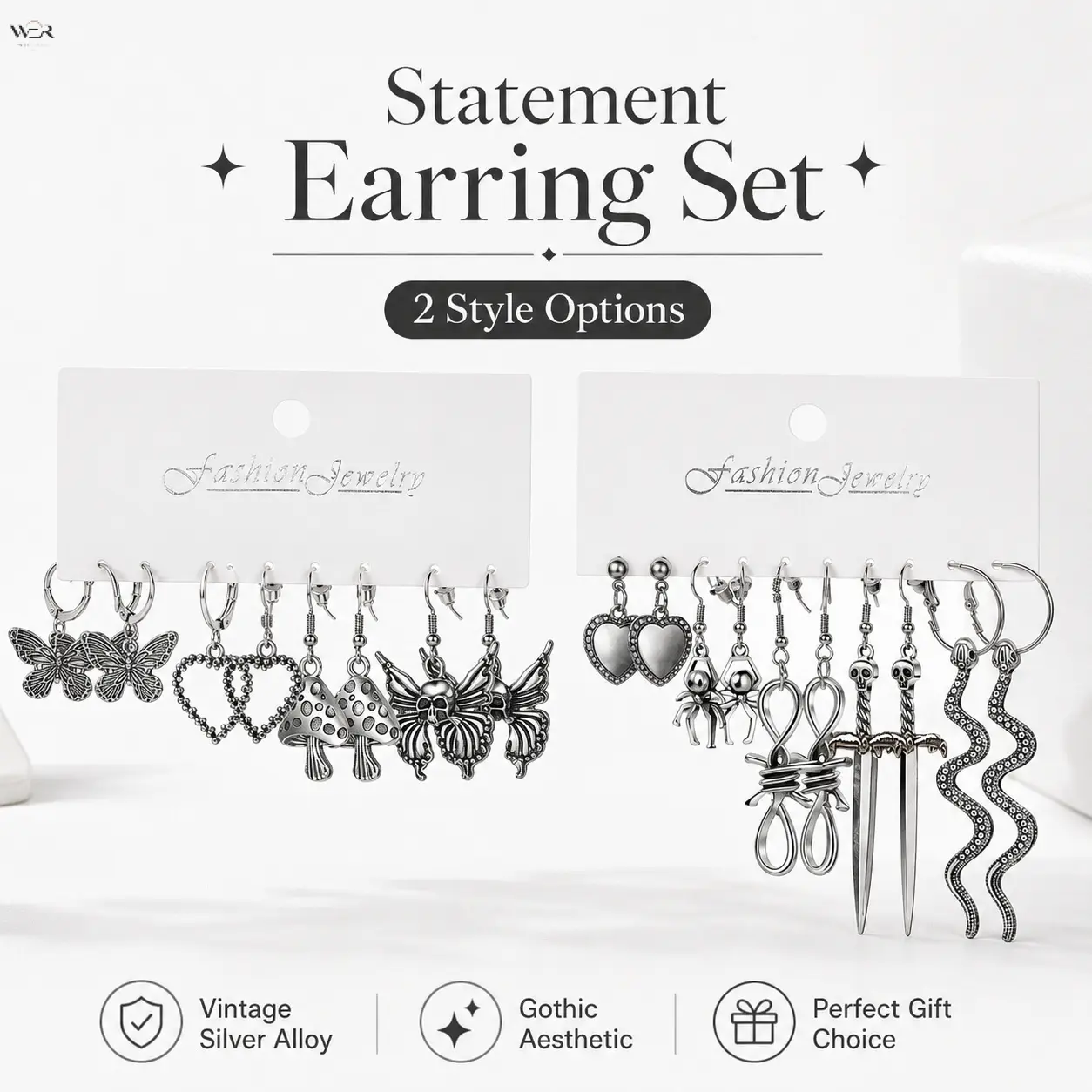 2 Styles Vintage Silver Gothic Dangle Earring Sets, Style A 4Pairs Butterfly Mushroom Winged Skull Heart Hoops, Style B 5Pairs Snake Sword Spider Wrapped Heart Drop Earrings, Dark Punk Y2K Layer Statement Jewelry Gift for Women Teen Girls