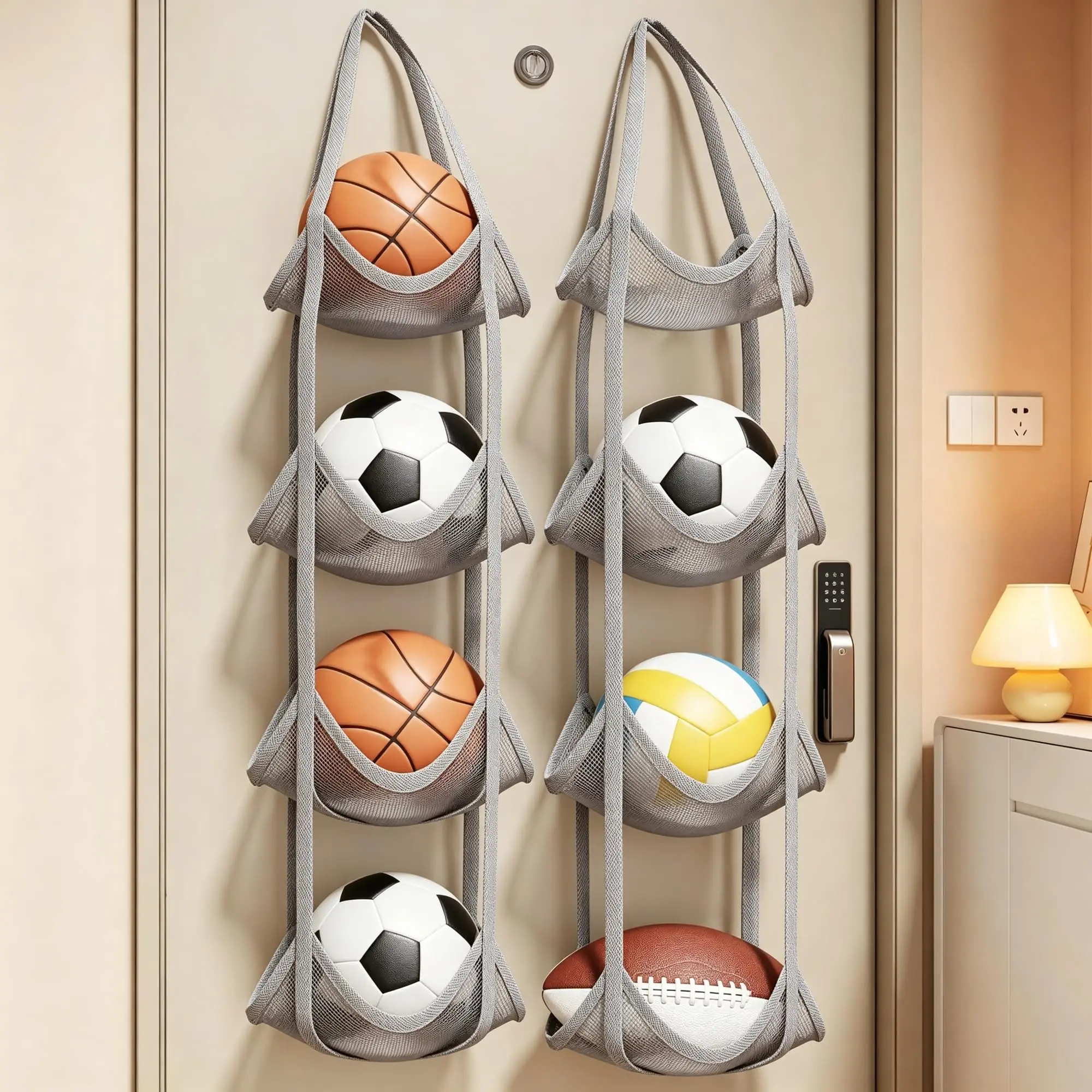 2 pack of hanging ball storage organizer 4-layer net rack for basketball football football baseball and toy storage net vertical hanging storage