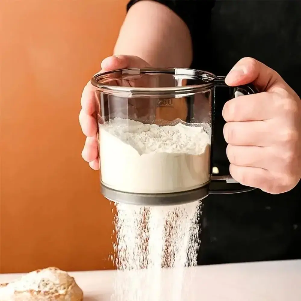 Smooth Semi-Automatic Flour Sifter with Measuring Scale, Sturdy Handheld Baking Utensil for Homemade Cakes & Bread