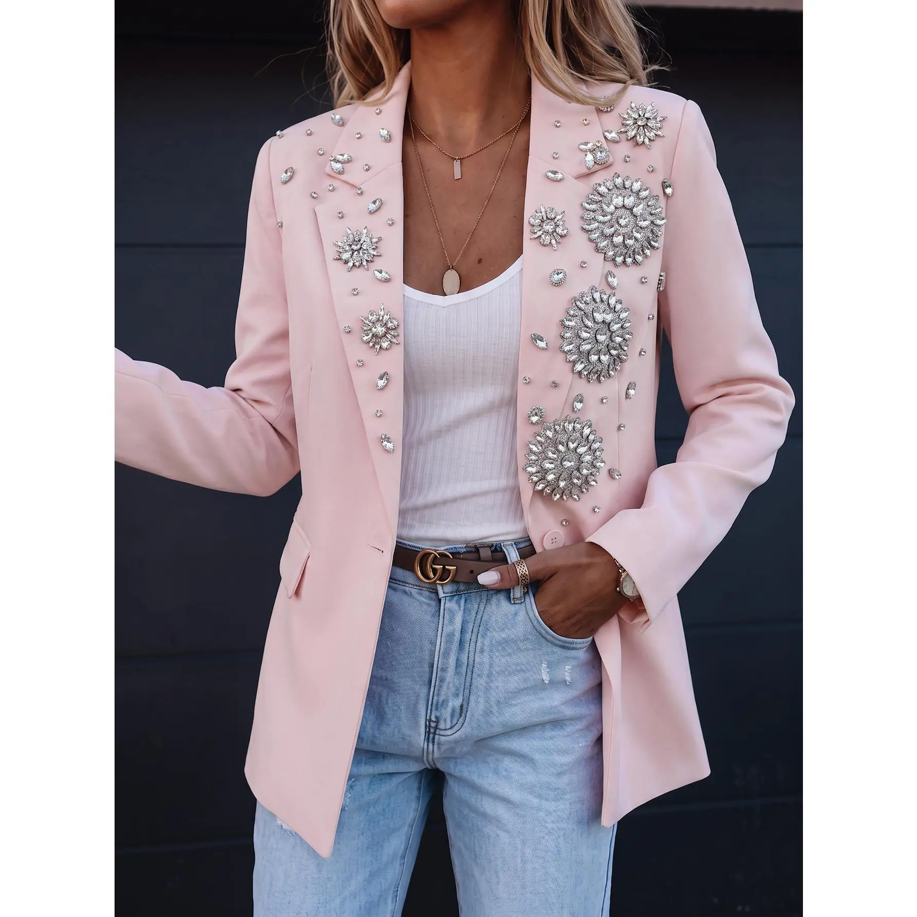 ASANDY Women's Basic Polyester Fabric Pink Notched Lapel Single Button Rhinestone Floral Crystal Embellished Medium Cut Suit Blazer, All Season Luxury Tailored Outerwear for Business Office, Daily Commute