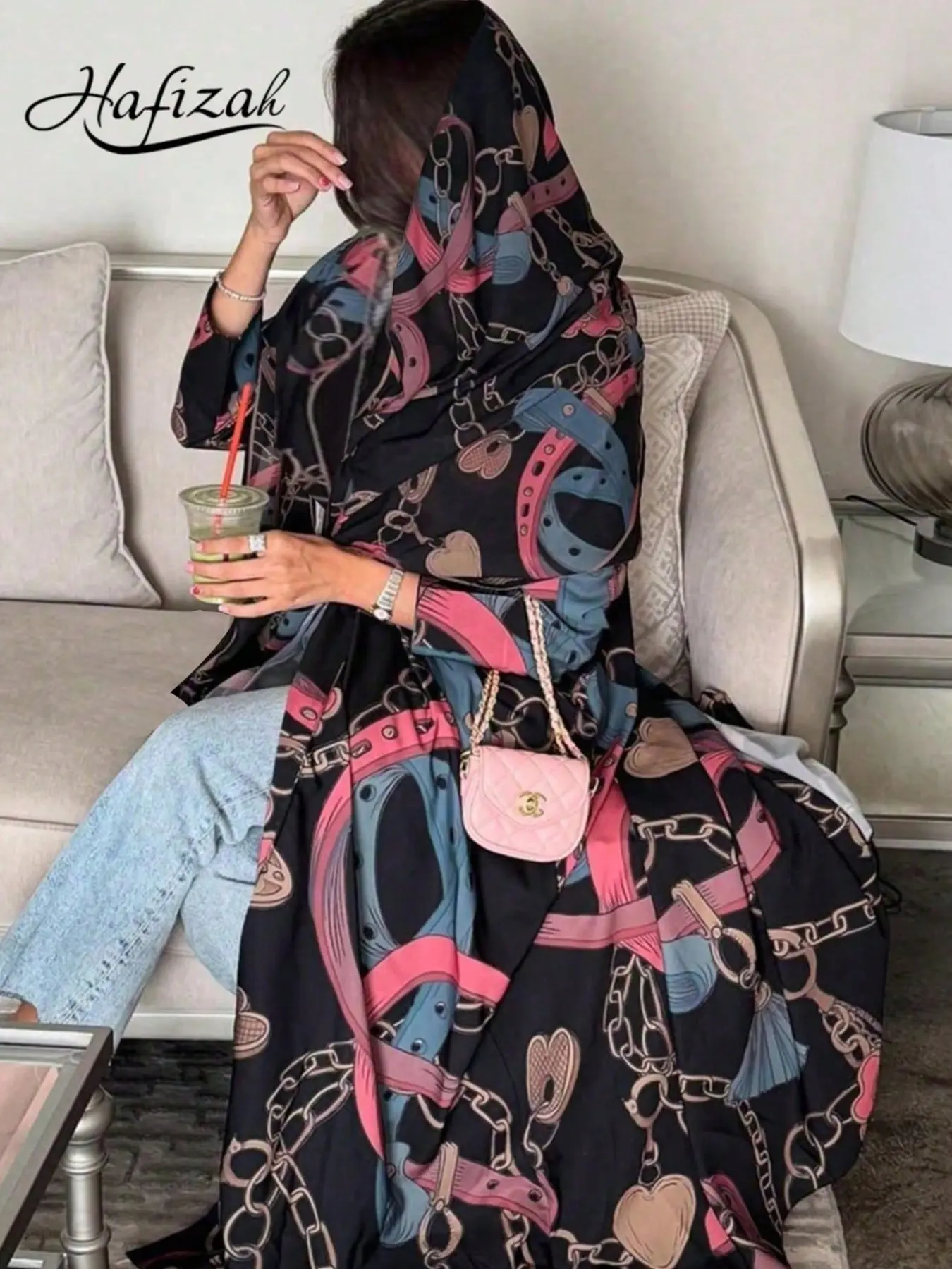 Vintage Luxury Chain Print Two-Piece Set, Flowy Wide Sleeve Long Cardigan with Matching Scarf, Outerwear for Shopping Women