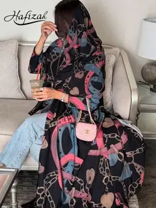 Vintage Luxury Chain Print Two-Piece Set, Flowy Wide Sleeve Long Cardigan with Matching Scarf, Outerwear for Shopping