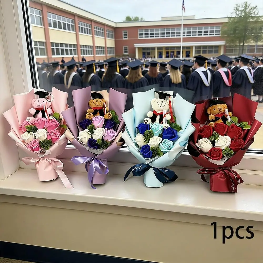 Graduation Bear Rose Bouquet, Fake Flowers, Forever Artificial Flower Arrangement with Plush Teddy Bear, Non-Wilting Graduation Gift for Her, Keepsake Bouquet for College High School Grad Party, 1pc
