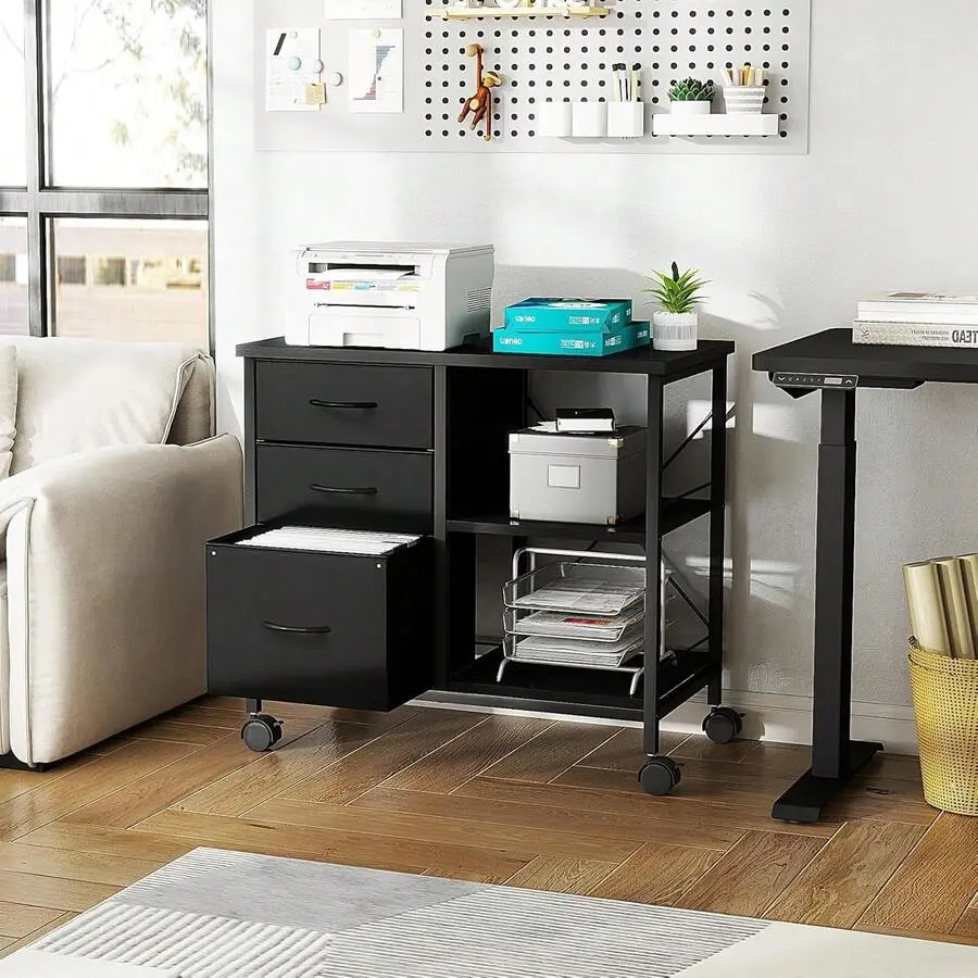 3-Tier Mobile File Cabinet, Printer Stand With Storage, Office Table With Drawers And Back Support Bar, Holds 110lb Home Office