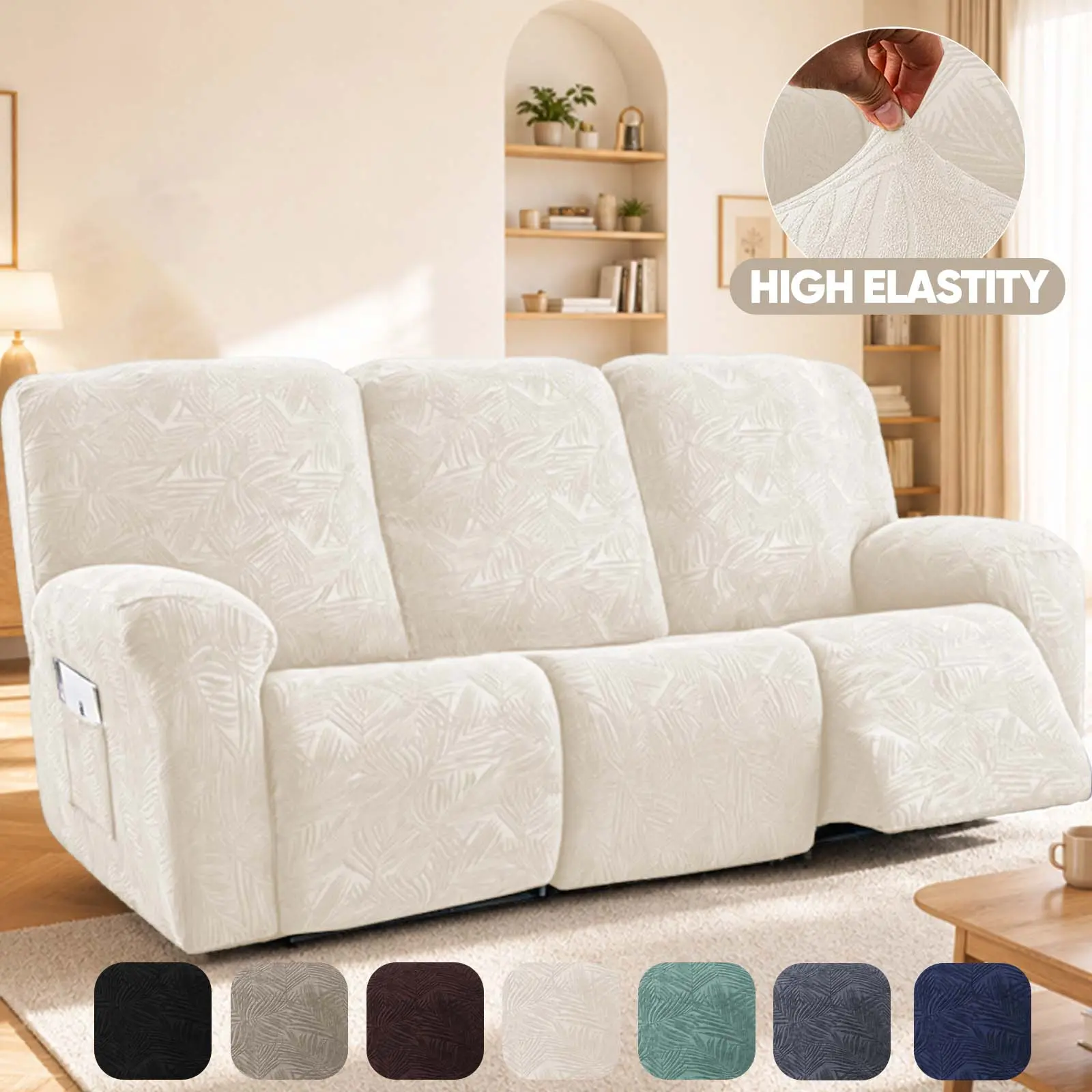 8 Piece Set Leaf Jacquard Recliner Covers, Stretchable Sofa Cover, Easy Clean 3 Seat Protector, Couch Protection, Chair Loveseat Slipcover, Elastic Furniture Protector, Dustproof Sofa Protector