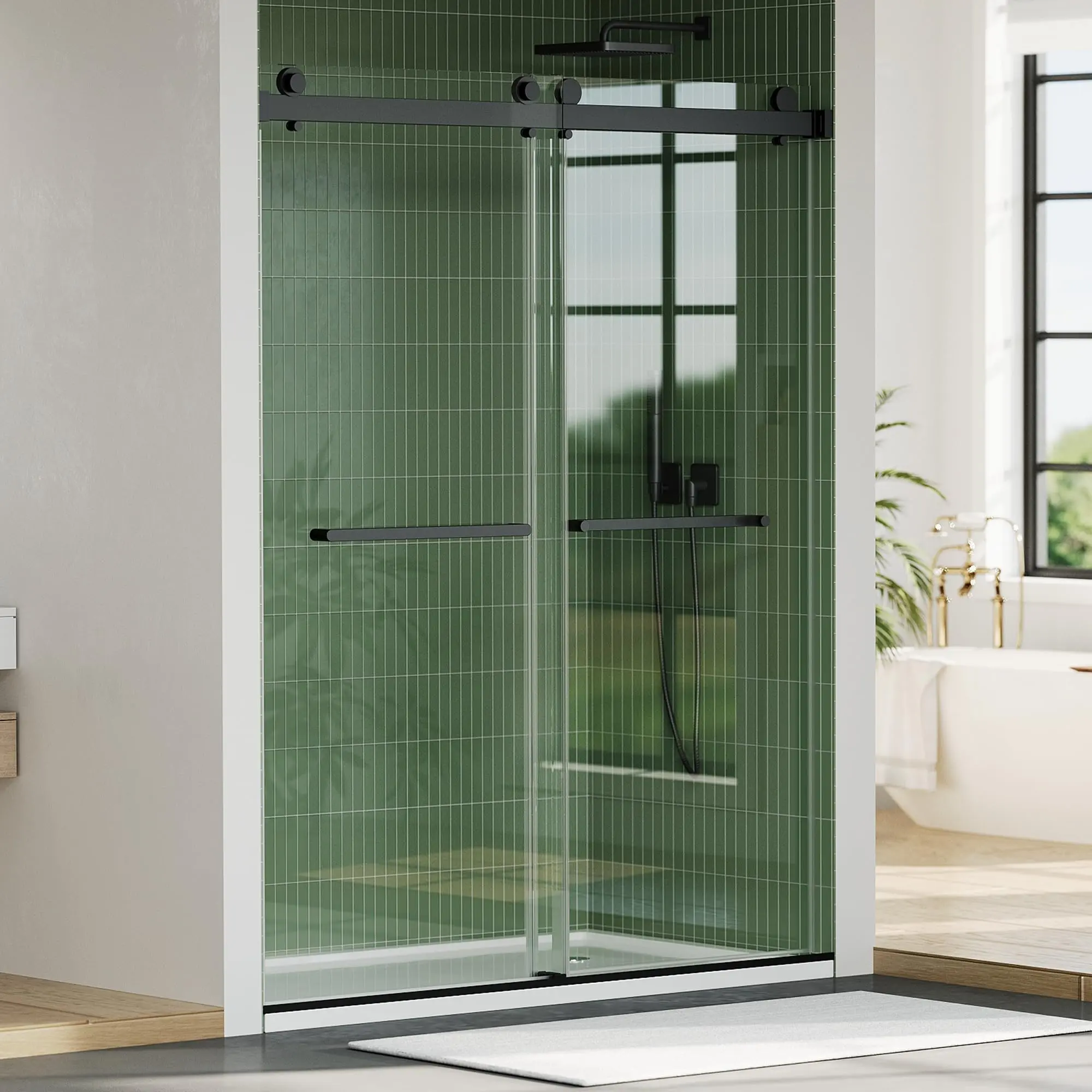 Garvee Stainless Steel Sliding Shower Door, 44-48" Adjustable Width x 74" Height, Features Double 6mm (1/4") Tempered Glass Panels with Square Track Frame, Matte Black Finish, Space-Saving Bypass Design