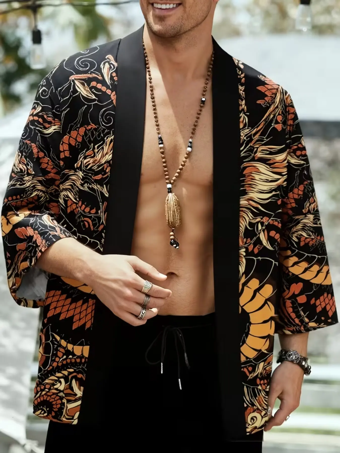 New Traditional Clothing Gold Dragon Print Robe for Men, Loose Fit Three-Quarter Sleeve Open Front Kimono Outerwear, Stylish Asian Fashion