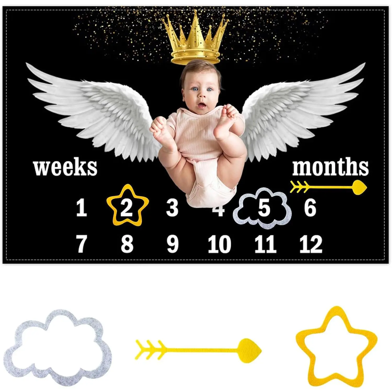 Angel Theme  Monthly Milestone Blanket Golden Crown  Decor Photography Background  Growth Record Prop Blanket 60 "x40 with Frames