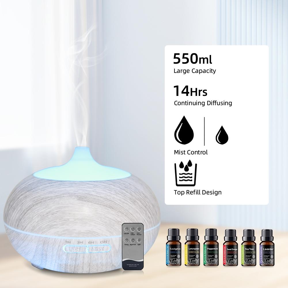 550ml Wood Grain Aromatherapy Diffuser with Remote, 6 Essential Oils & 7 Color LED Light 550ml Wood Grain Aromatherapy Diffuser with Remote, 6 Essential Oils & 7 Color LED Light