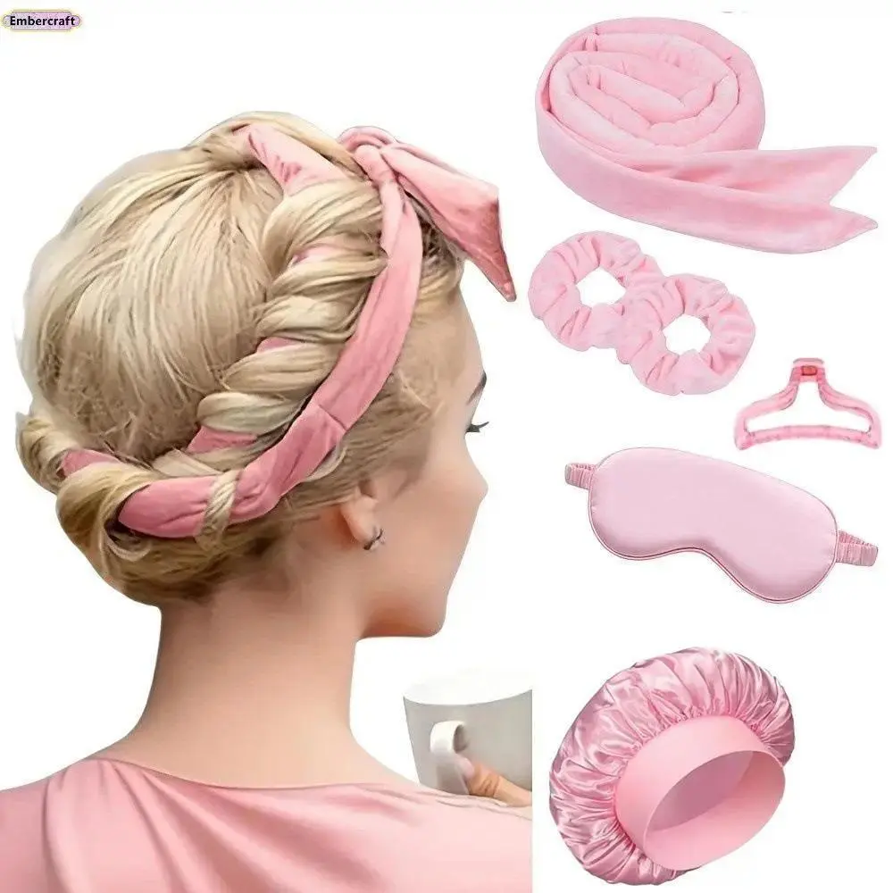 Overnight Heatless Curlers Set, Soft Bow-Style Ribbon No-Heat Wave Maker for Long & Short Hair, Comfortable for Sleeping with Eye Mask & Shower Cap, Complete Curly Kit, Soft Pvc, Set Includes Accessories, Unisex, Everyday Wear