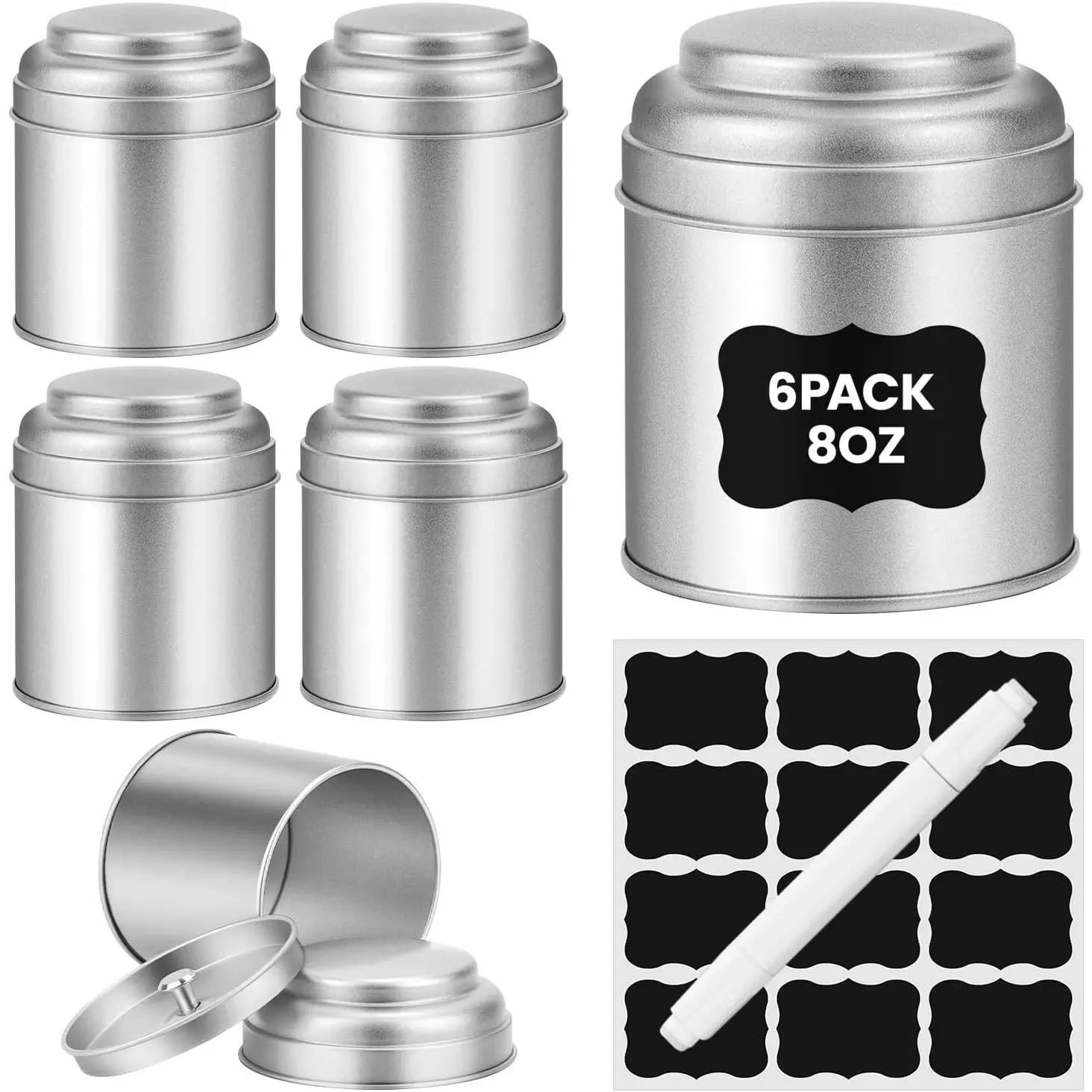 Tea Tin with Airtight Double Lids for Loose Leaf Tea Storage, 8 Fl Oz Kitchen Small Tin Can Tea Canister for Tea Coffee Sugar Candy Spices Christmas Gift, 6 Pcs, Silver