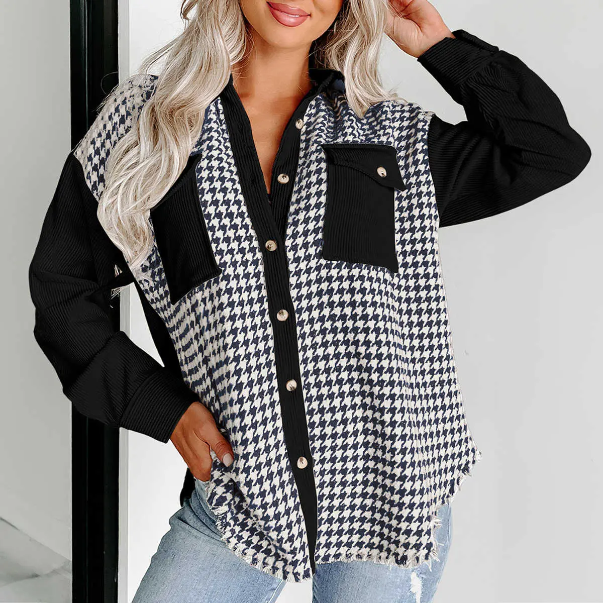 Black Houndstooth Corduroy Patchwork Flap Pocket Shacket