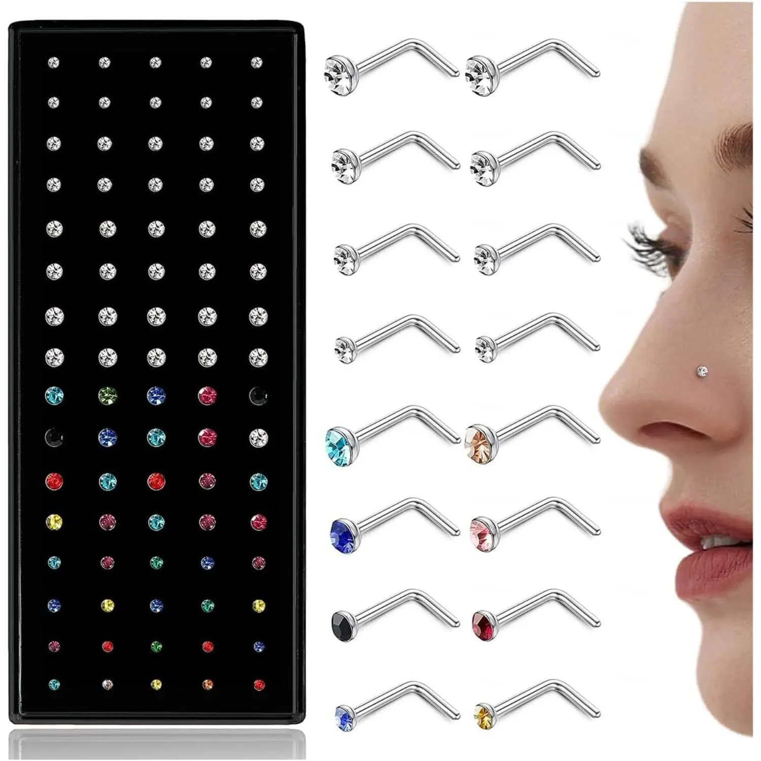 80 Pcs Hypoallergenic Surgical Steel Nose Stud Set for Women, 20G 22G Tiny Straight & L‑Shaped Bone Nose Piercing Pins, Nostril Nose Ring Studs Body Piercing Jewelry Accessories