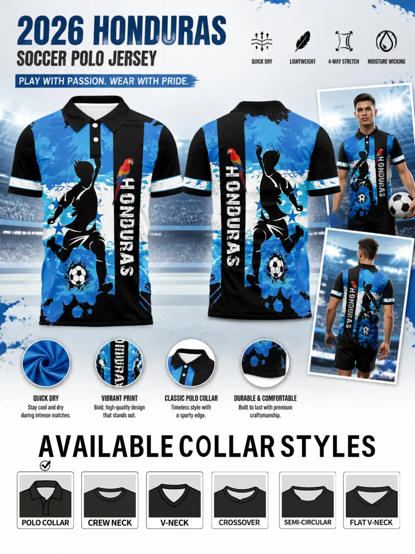 Honduras Soccer Jersey, Original Ink Print, Quick-Dry Breathable Fabric, Moisture-Wicking, Multiple Neck Styles, Casual Slim-Fit