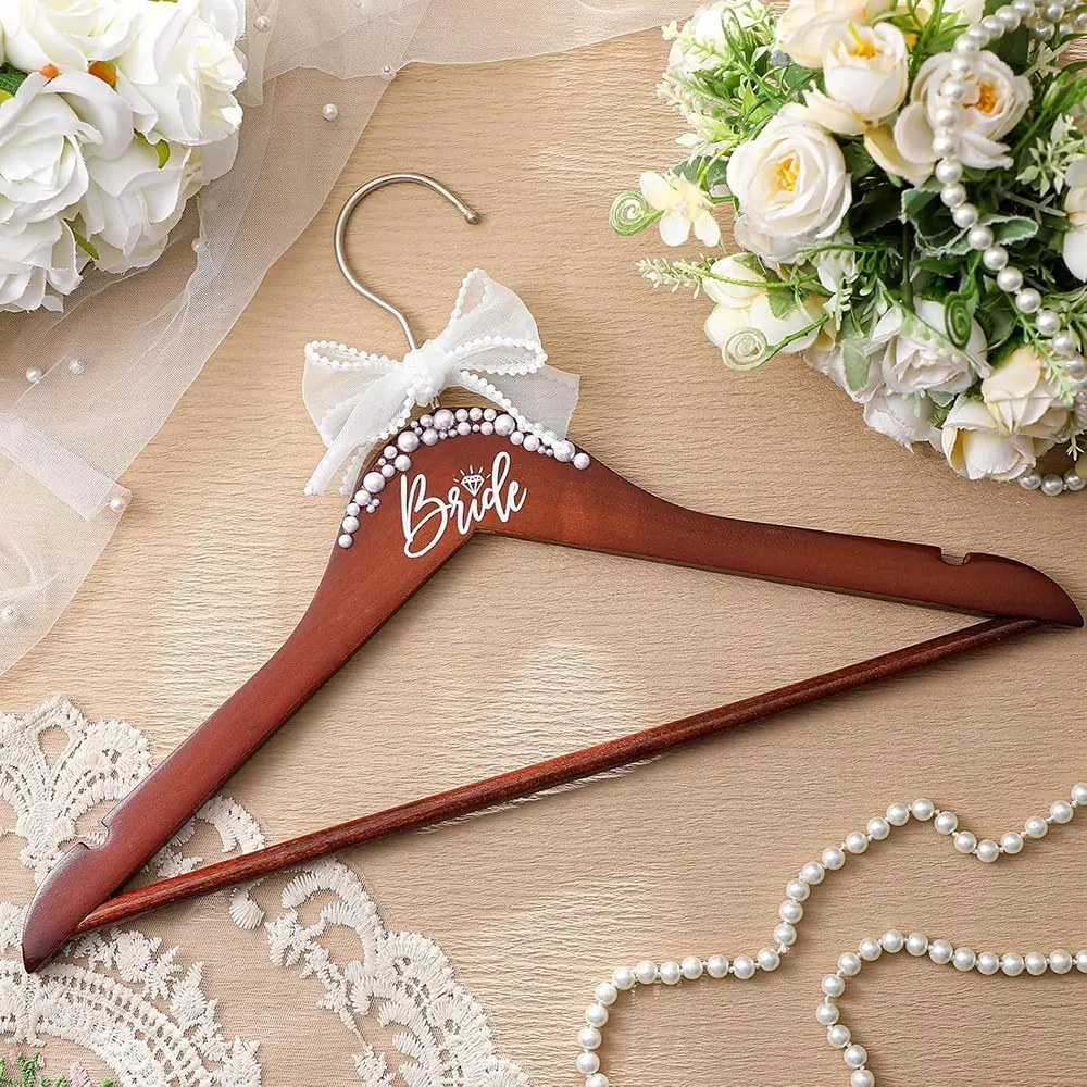 Elegant Bride Hanger with Pearl and Ribbon Bow disco cowgirl rustic garden beach Theme Wedding engagement Bridal shower bachelorette hen party Girls trip Bach Weekend hanging decoration Dress Gown Robe Hanger Mrs present Keepsake gift