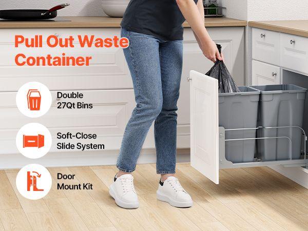 Double Pullout Waste Container Kitchen Trash Can with Soft Close Grey 27QTx2