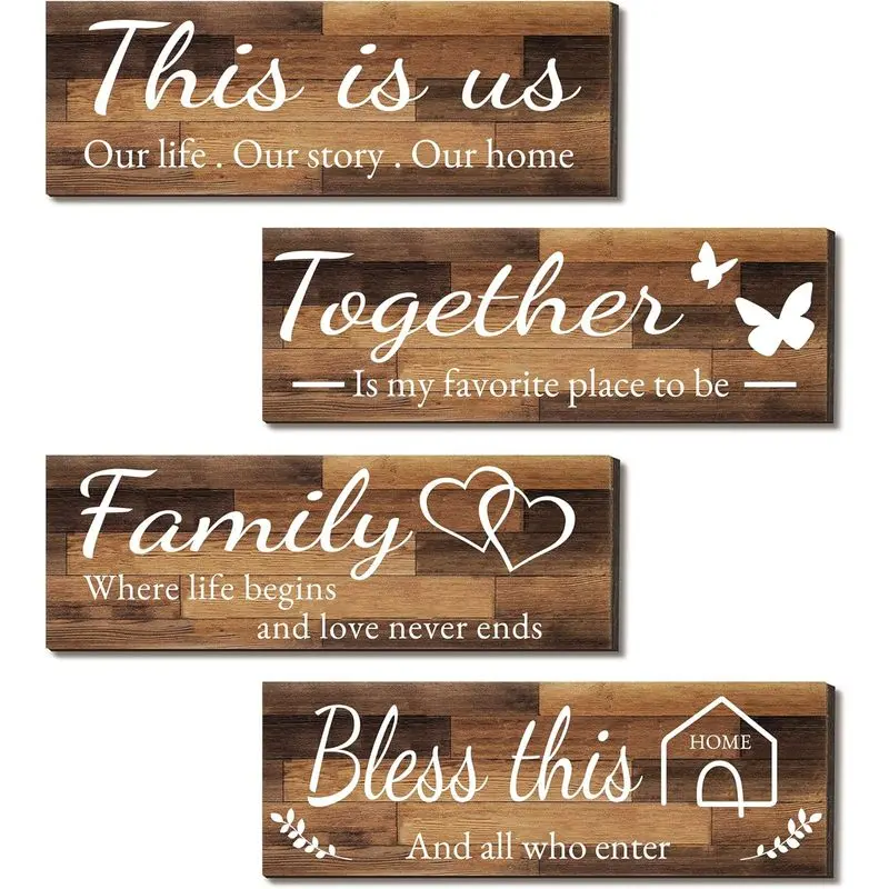 4 Pieces Home Wall Signs, THIS IS US/TOGETHER/BLESS THIS HOME/FAMILY Wall Decor For Living Room Bedroom, Rustic Wooden Farmhouse Wall Art , 4.7 x 13.8 Inch(Brown)
