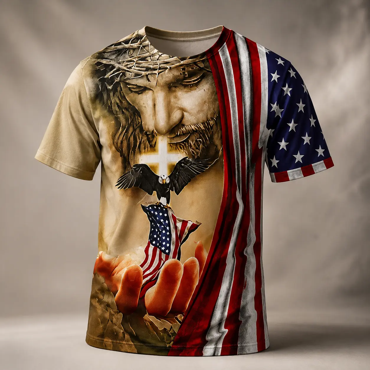 Religious American Flag Eagle Men'S 3D Print T-Shirt 100 Percent Polyester Material 3D Technology Round Neck Design Machine Washable And Dry Cleanable Christ with Crown of Thorns And American Flag Pattern for Patriotic Religious Events And