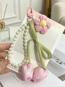 French Satin Ribbon Fabric Tulip Keychain Pendant,Crocheted Flower Keychain,Faux Pearl Chain Tulip Flower Bag Charm Coquette Floral Wristlet Keyring,Handmade Knitted Sunflower & Bow Tulip Flower Purse Charms Women's Handbag Charms Backpack Accessories