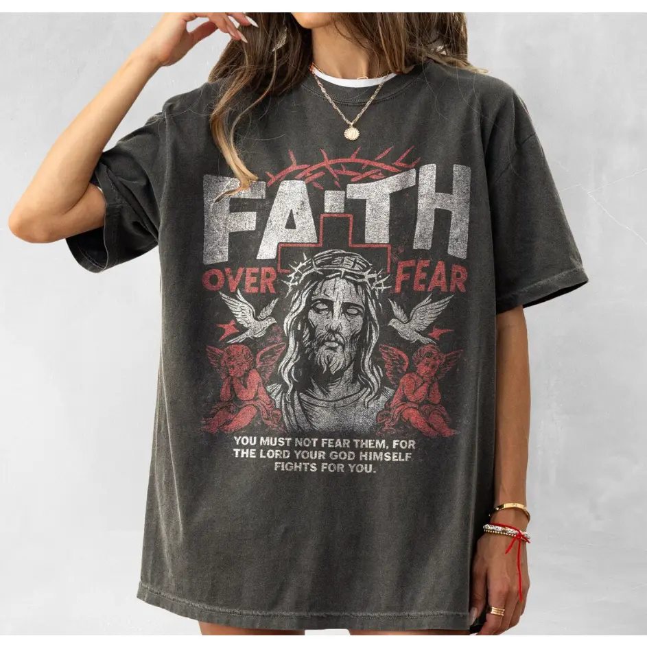 Faith Over Fear Jesus Crown Of Thorns Angels Dove Vintage Washed Grey Cotton Oversized T-Shirt, Christian Faith Religious Casual Outfit, Best Gift For Believer Church Streetwear Tee