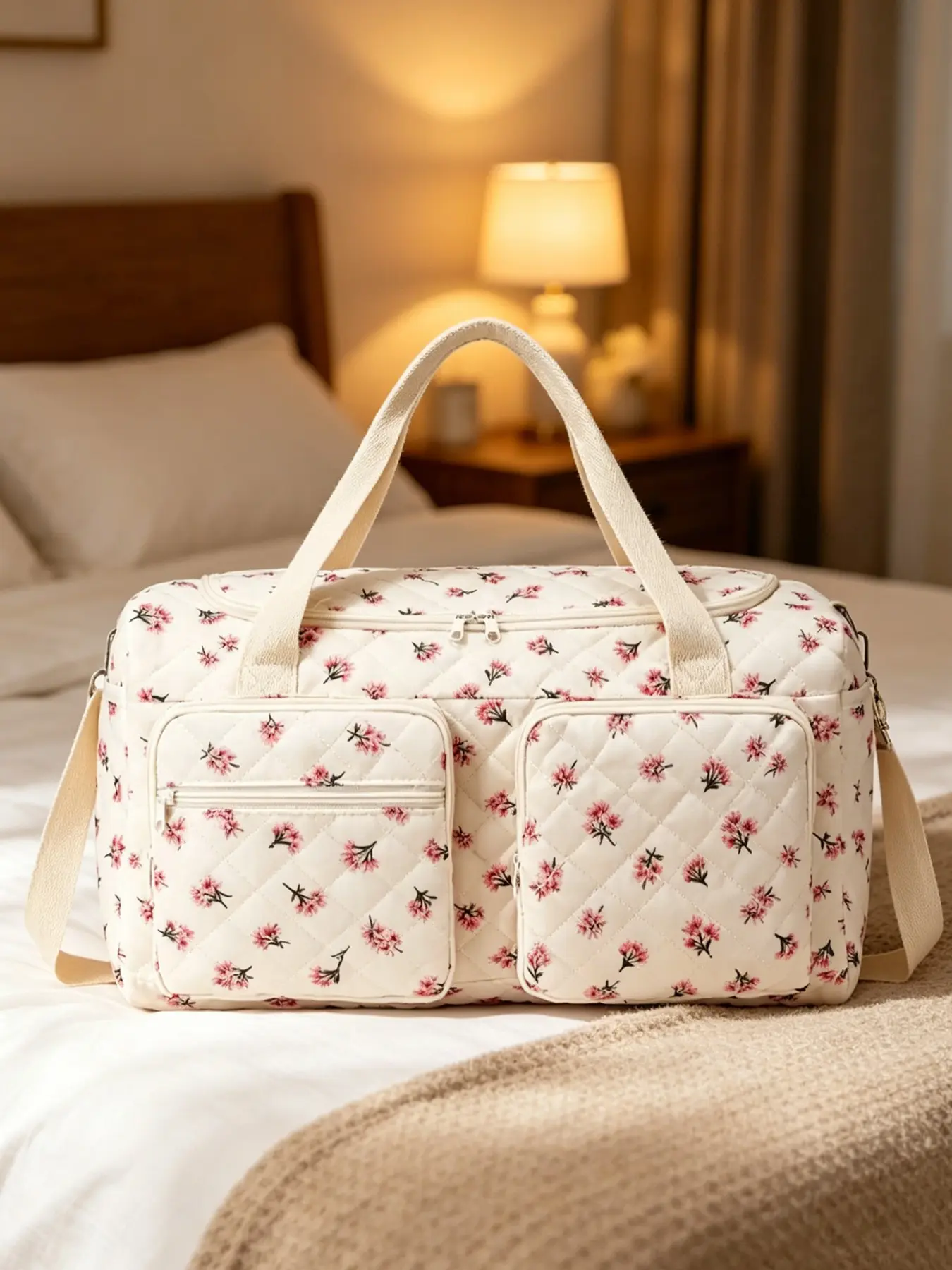 Floral Quilted Travel Duffel Bag, Large Capacity Weekender Bag with Detachable Shoulder Strap and Front Pocket, Cute Women's Carry-on Bag, Great for Travel, Gym