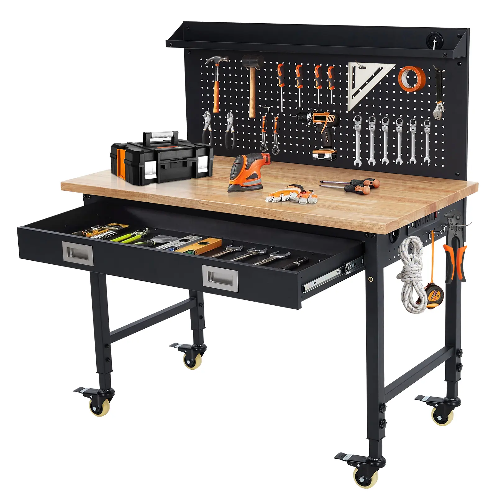 Garvee Heavy-Duty Adjustable Height Rolling Workbench - 48x24 in Solid Rubberwood Top, 2000 lb Capacity, 6-Level Garage Tool Organizer with 4 AC Outlets, 2 USB Ports, Tool Pegboard, 30 Hooks, Locking Casters, Drawer & Light Strip Options for Workshop, DIY