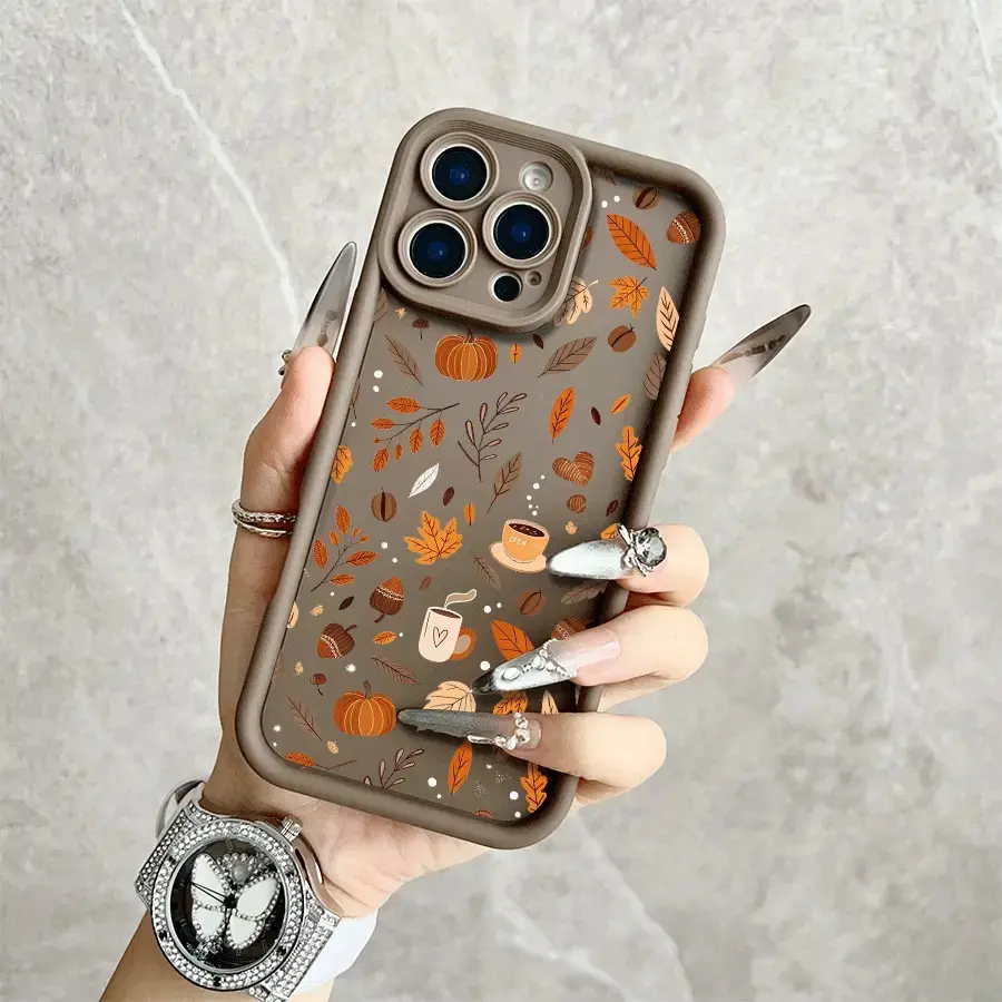 Autumn Fall Leaves Pumpkin Coffee Pattern Printed Cellphone Case, Soft TPU Shockproof Anti-Scratch Protection Accessory, Fits iPhone 18/17 Pro Max,16,15,14,13,12,11,XR,XS Plus