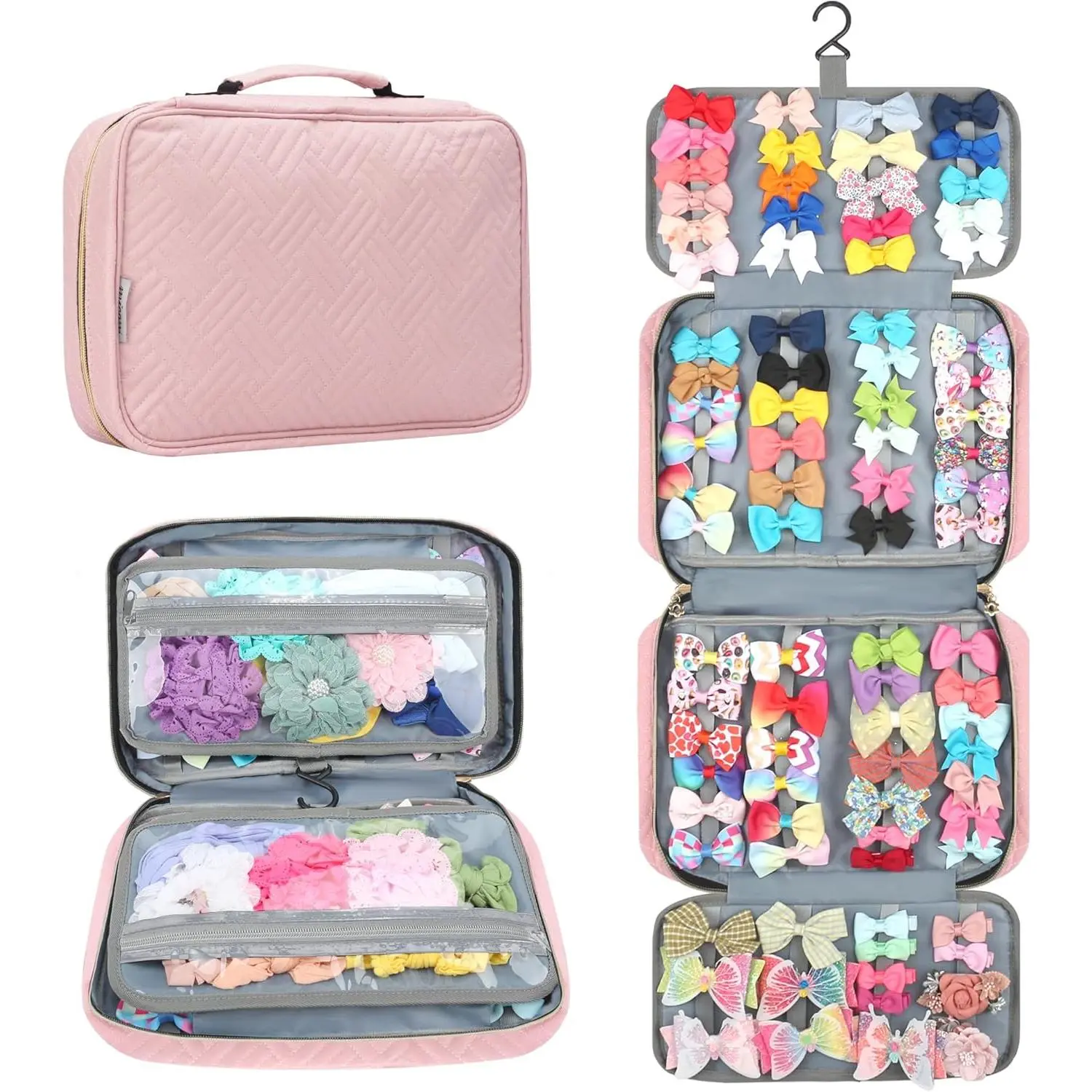 Hanging Hair Accessories Storage Bag - Organizer for Girls' Hair Bows, Clips, Headbands, Scrunchies & Ties - Display Case with Hook