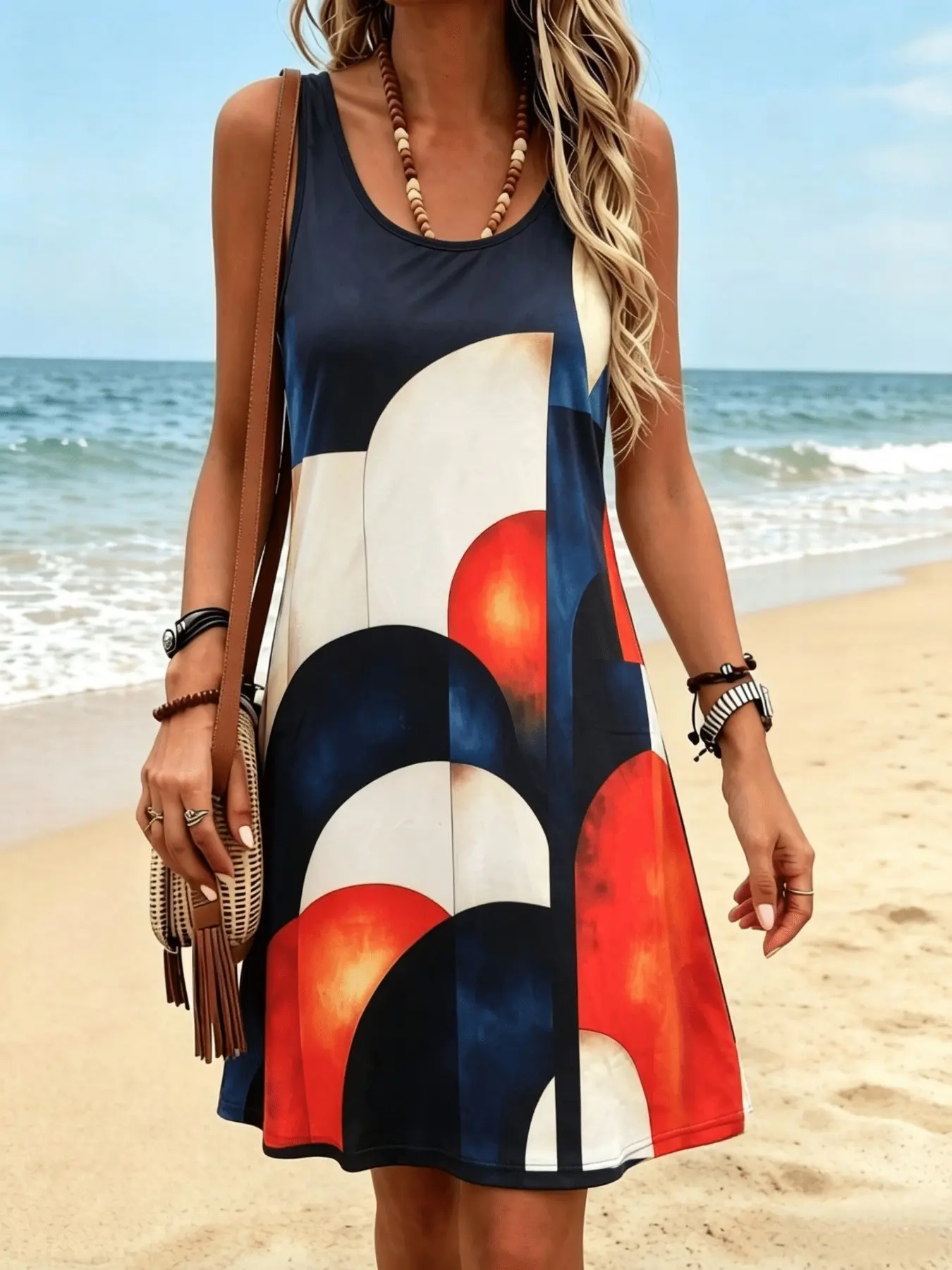 Women's fashionable casual vacation round neck vest dress, featuring a stylish pink geometric color-blocked print, perfect for travel, dates, and summer fashion.