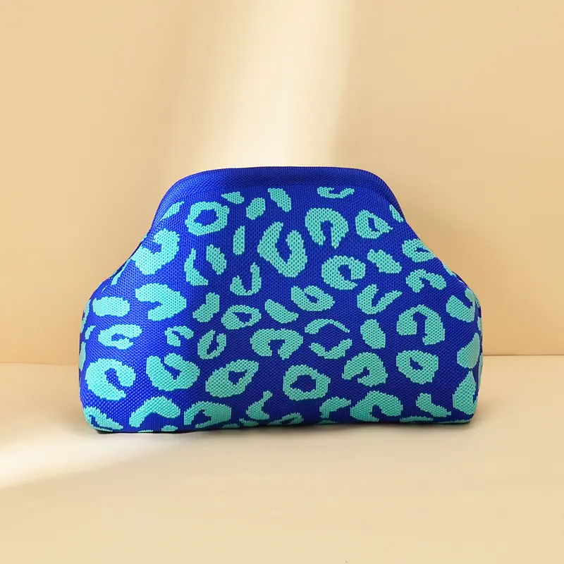 Leopard Print Knitted Large Capacity Clutch Bag, Portable Cosmetic Storage Handbag for Women Daily Travel