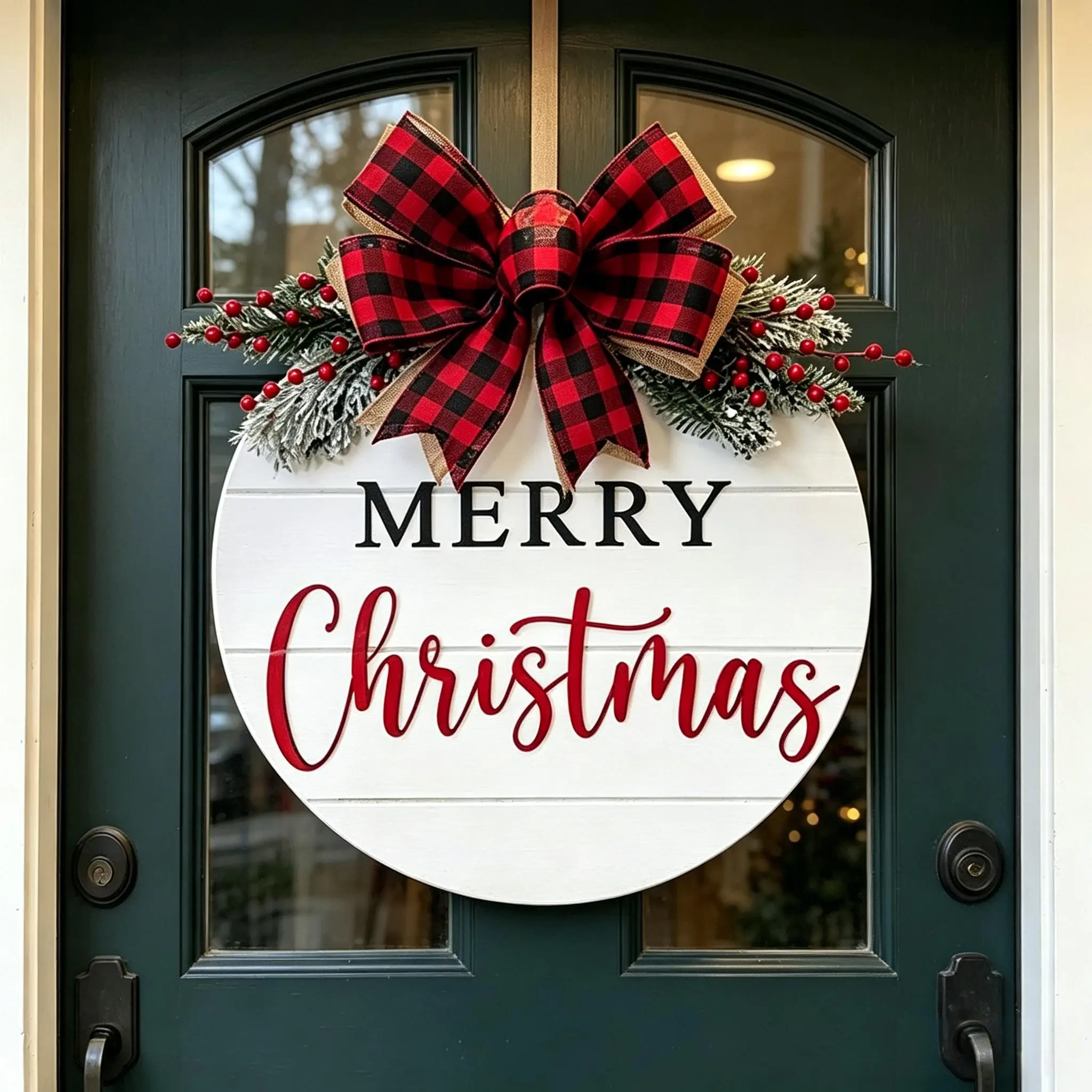 Letter Merry Christmas Round Wooden Door Sign Hanging Ornament, Rustic Design Xmas Wreath Wall Plaque Christmas Decorations, Perfect for Front Door, Porch, Yard Gate & Background Wall, Christmas Home Outdoor Decor Gift